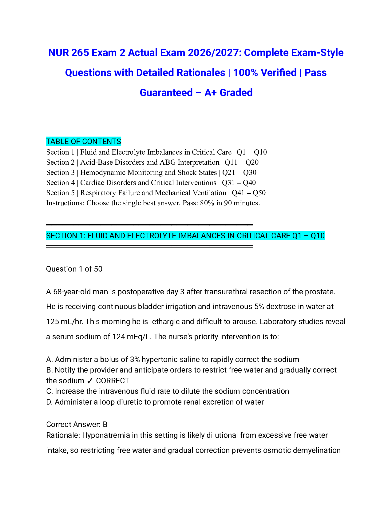 NUR 265 Exam 2 Actual Exam 2026/2027: Complete Exam-Style Questions with Detailed Rationales | 100% Verified | Pass Guaranteed – A+ Graded