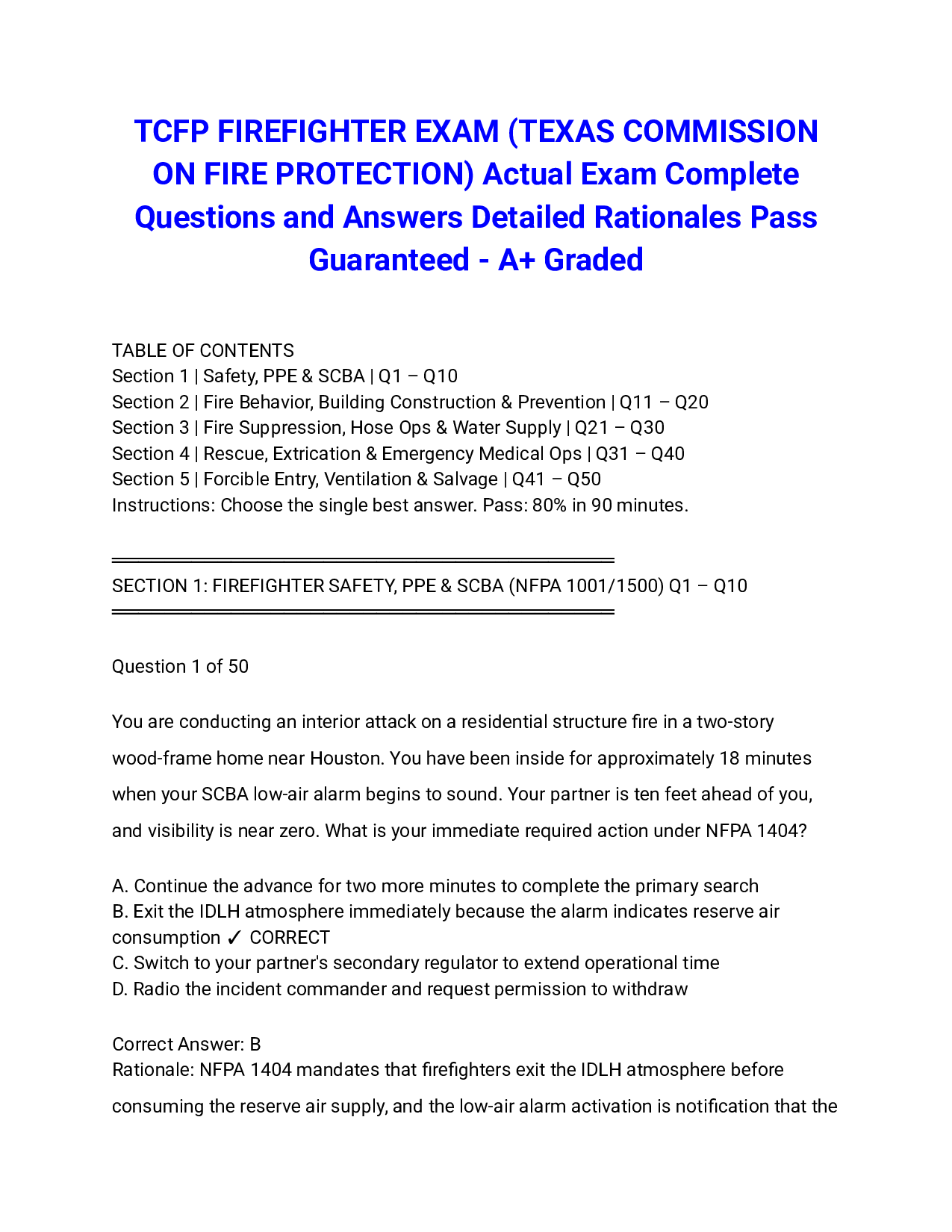 TCFP FIREFIGHTER EXAM (TEXAS COMMISSION ON FIRE PROTECTION) Actual Exam Complete Questions and Answers Detailed Rationales Pass Guaranteed - A+ Graded