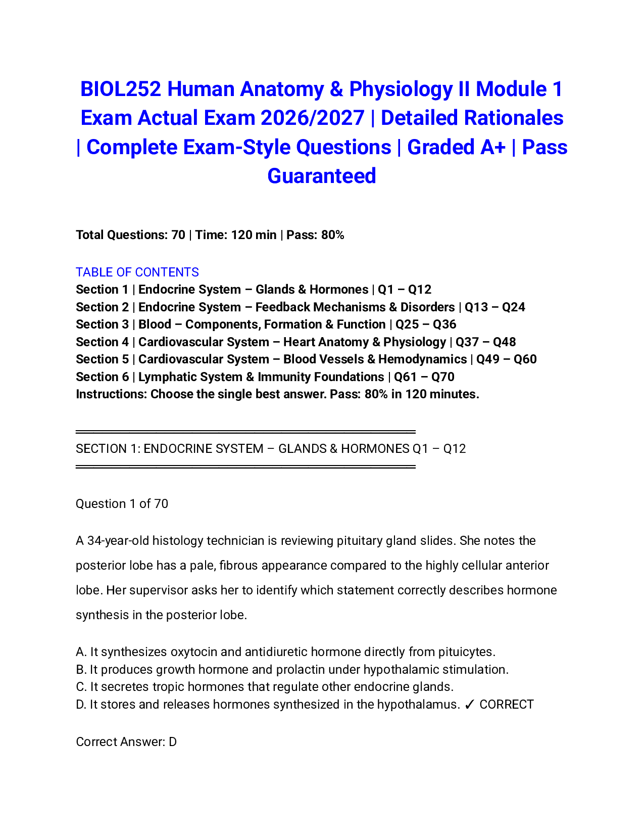 BIOL252 Human Anatomy & Physiology II Module 1 Exam Actual Exam 2026/2027 | Detailed Rationales | Complete Exam-Style Questions | Graded A+ | Pass Guaranteed