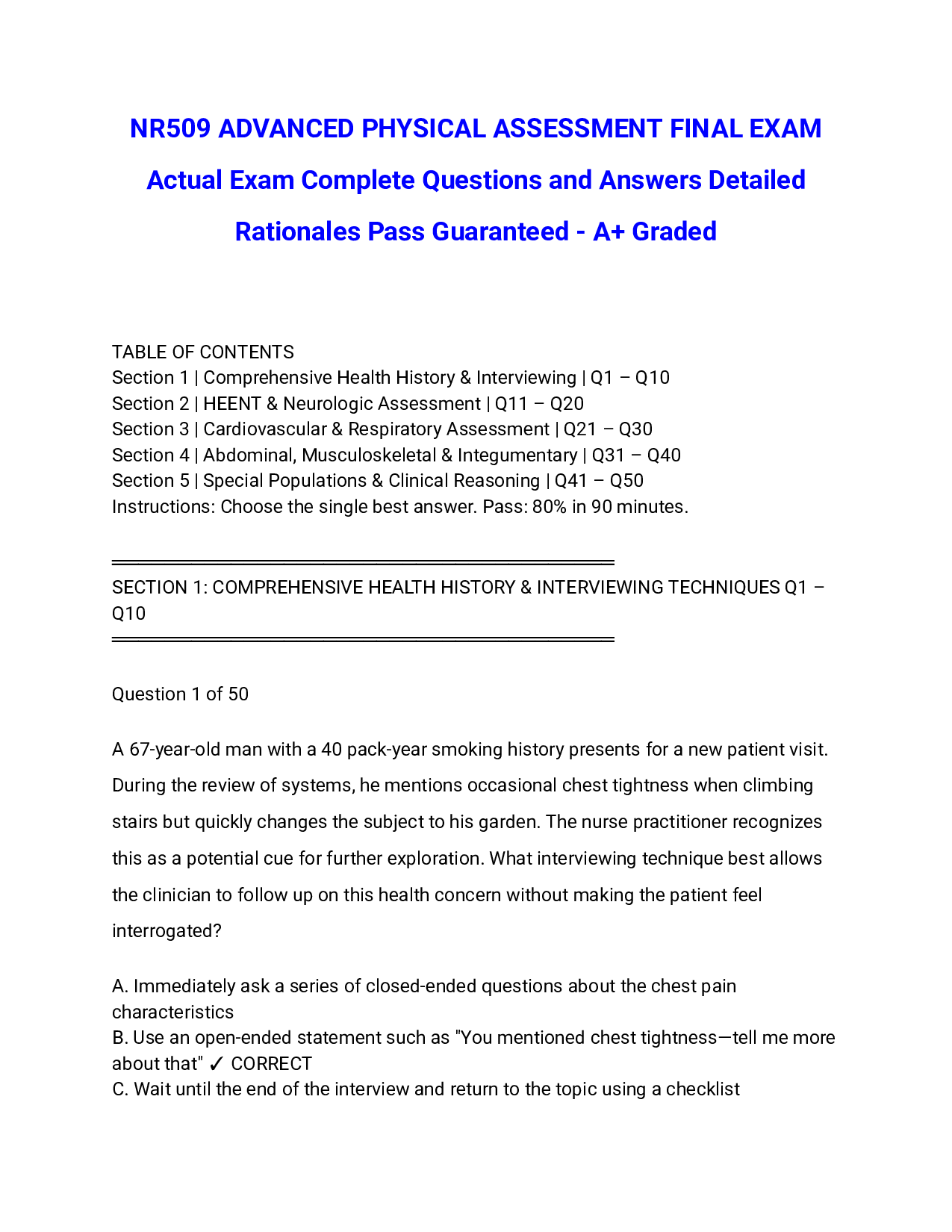 NR509 ADVANCED PHYSICAL ASSESSMENT FINAL EXAM Actual Exam Complete Questions and Answers Detailed Rationales Pass Guaranteed - A+ Graded