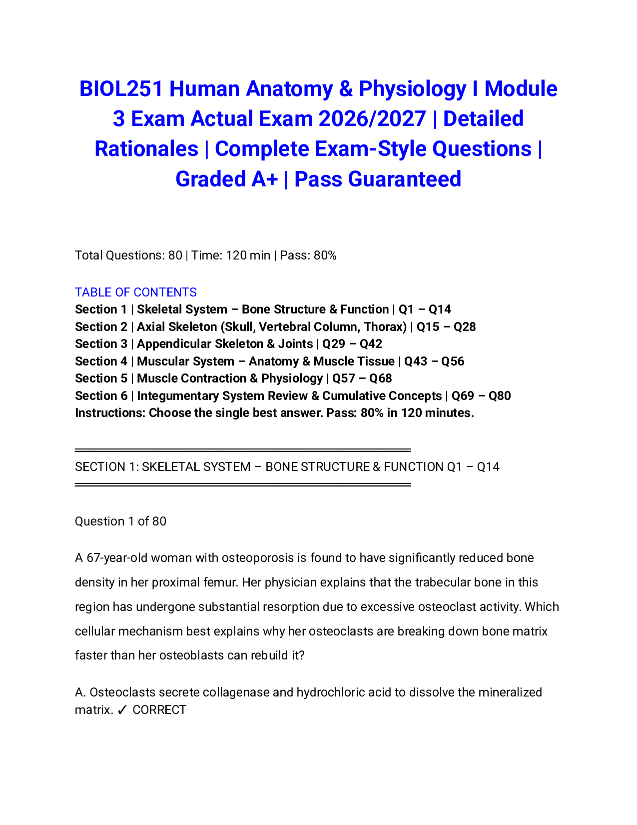 BIOL251 Human Anatomy & Physiology I Module 3 Exam Actual Exam 2026/2027 | Detailed Rationales | Complete Exam-Style Questions | Graded A+ | Pass Guaranteed