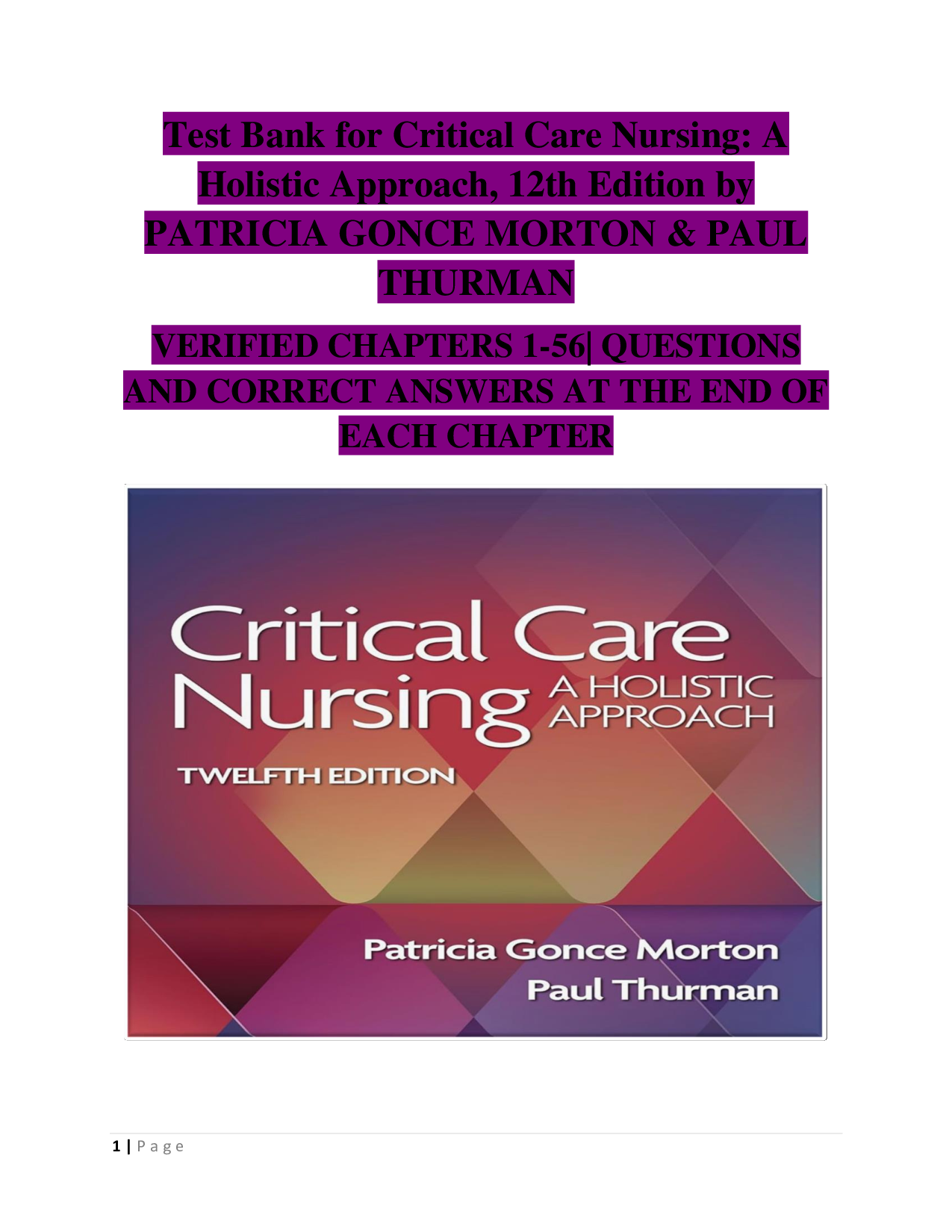 Critical Care Nursing: A Holistic Approach 12th Edition (Patricia Gonce Morton & Paul Thurman) – Complete Test Bank