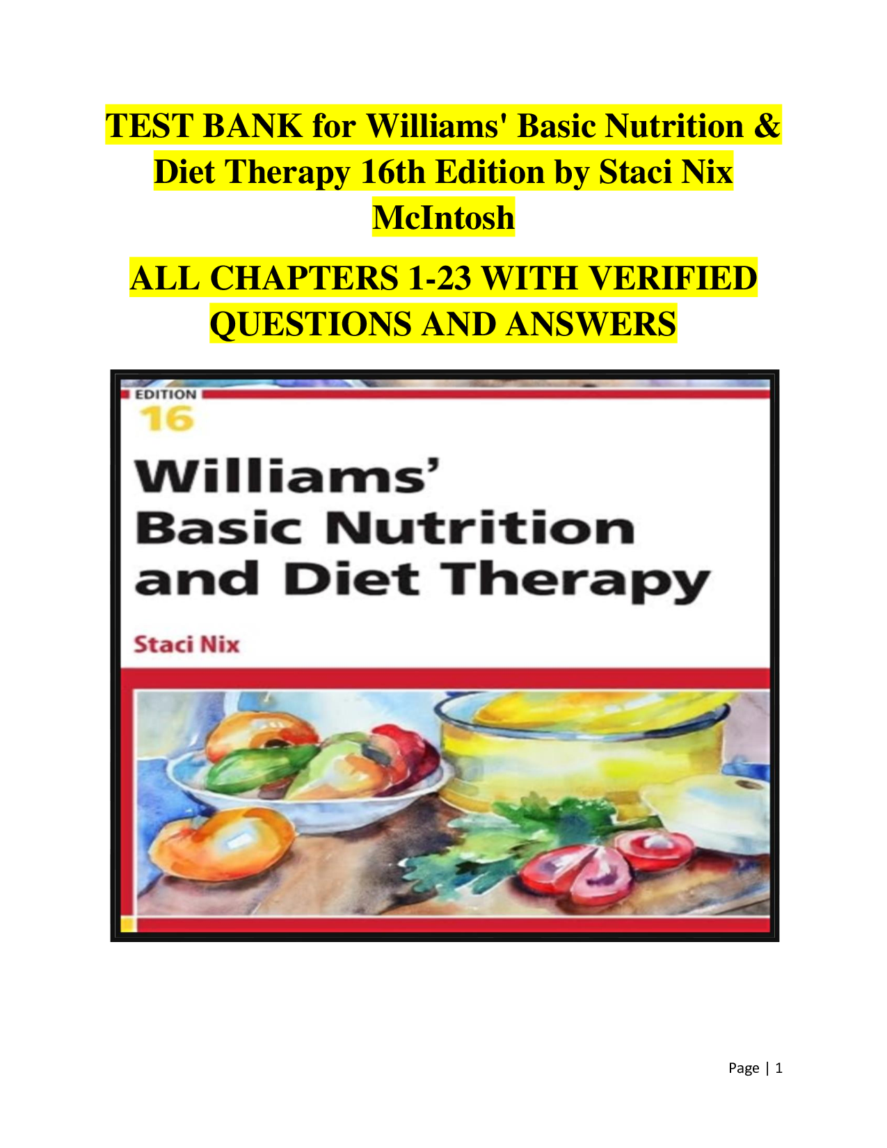 Williams' Basic Nutrition & Diet Therapy 16th Edition Test Bank | Nutrition & Diet Therapy