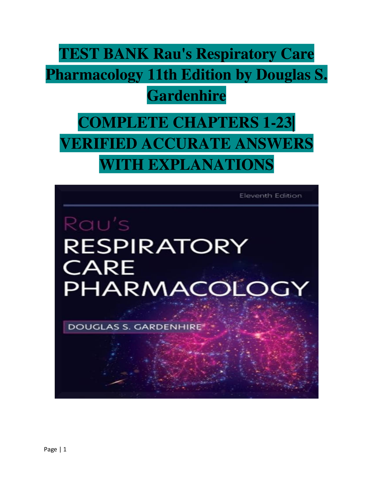 Rau's Respiratory Care Pharmacology 11th Edition by Douglas S. Gardenhire – Complete Chapters 1–23 Test Bank