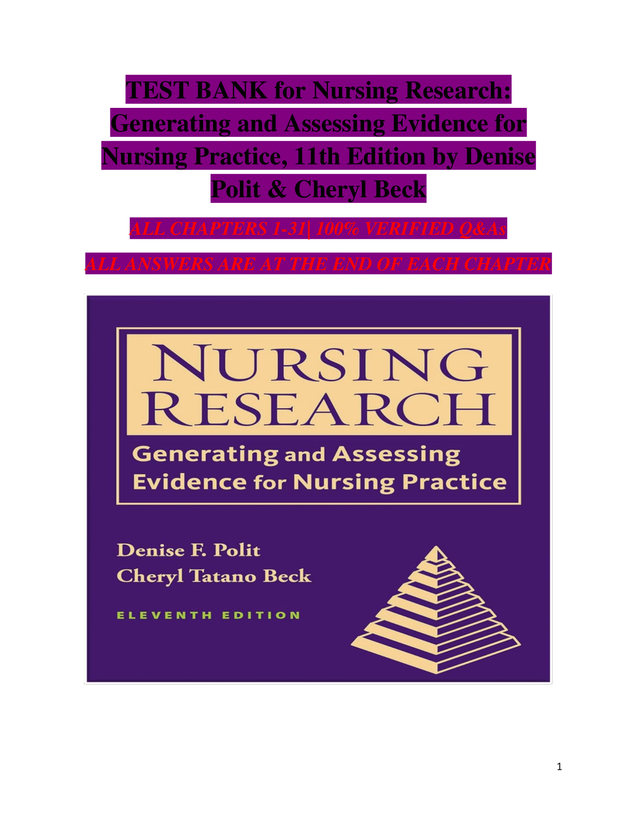 Nursing Research – Generating and Assessing Evidence for Nursing Practice, 11th Edition by Denise Polit & Cheryl Beck | Complete Test Bank with Answers