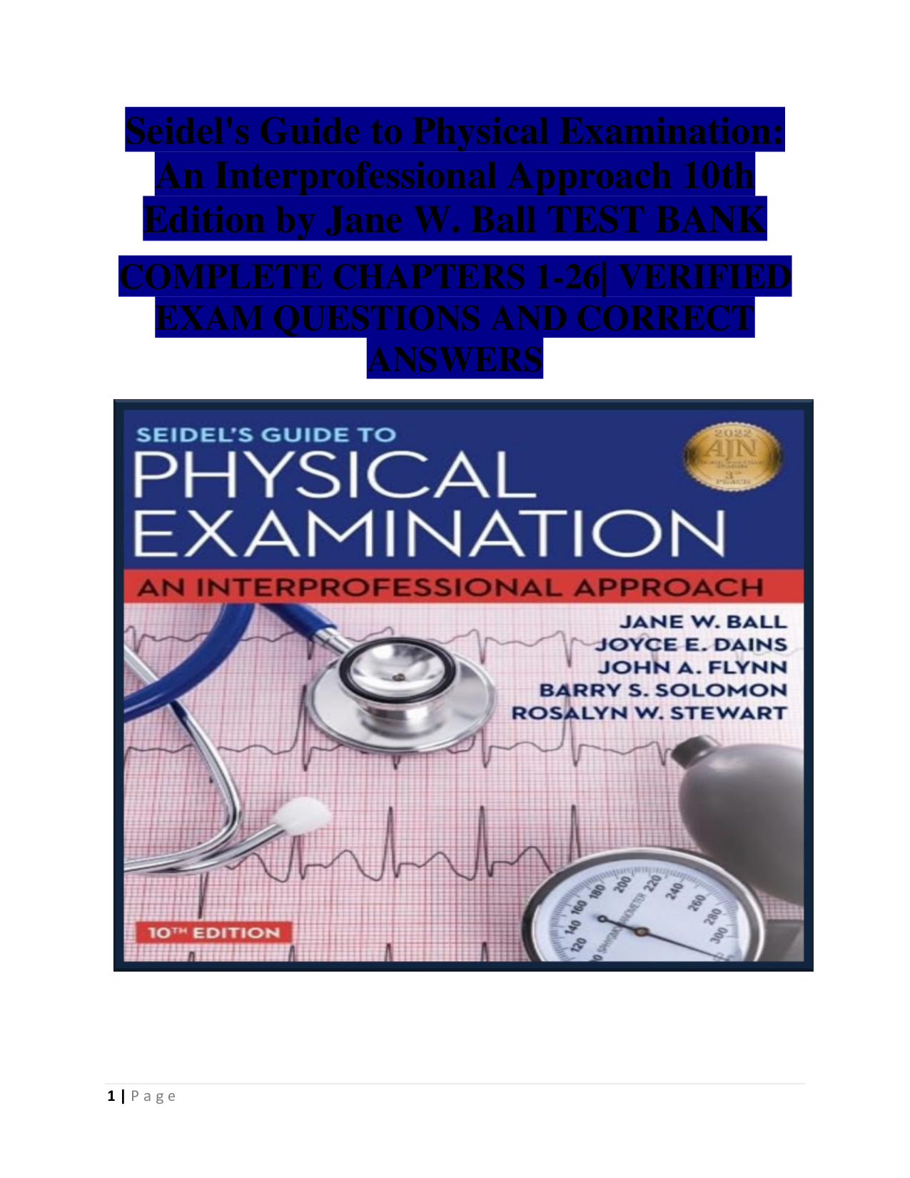 Seidel's Guide to Physical Examination (10th Edition) – Interprofessional Physical Assessment and Clinical Reasoning | Complete Chapters 1–26 Test Bank