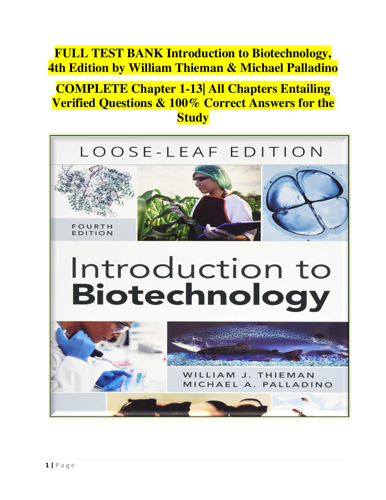 Introduction to Biotechnology 4th Edition by William Thieman & Michael Palladino – Complete Test Bank