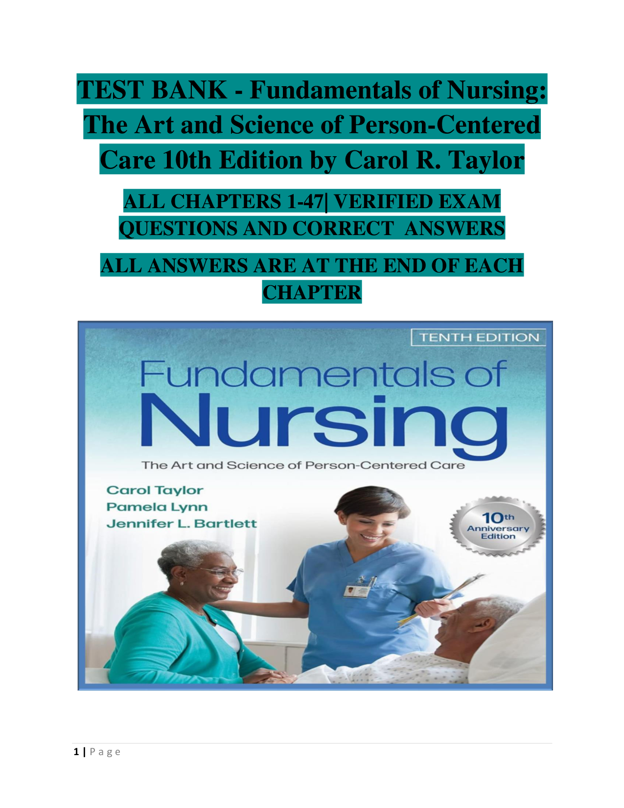 Fundamentals of Nursing (10th Edition) by Carol R. Taylor – Person-Centered Care – Nursing Test Bank