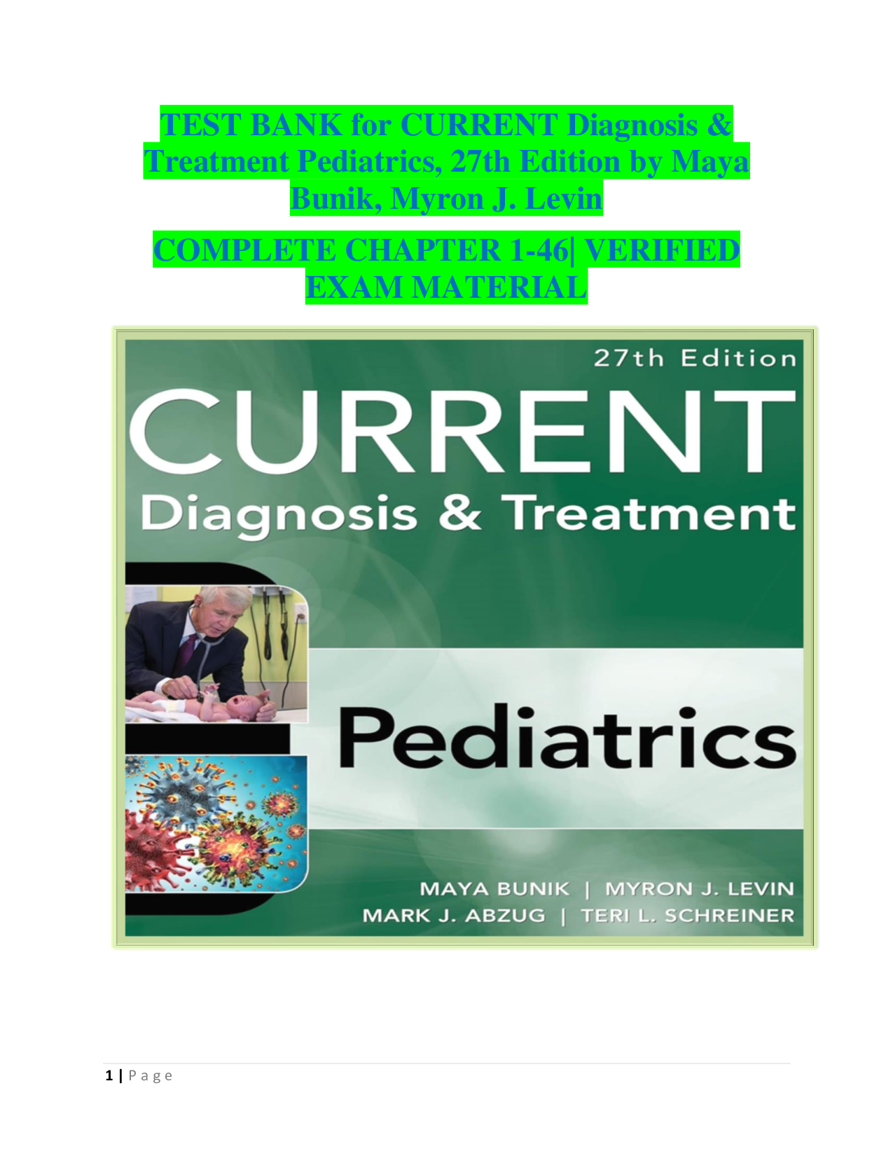 CURRENT Diagnosis & Treatment Pediatrics, 27th Edition – Complete Chapters 1–46 Test Bank