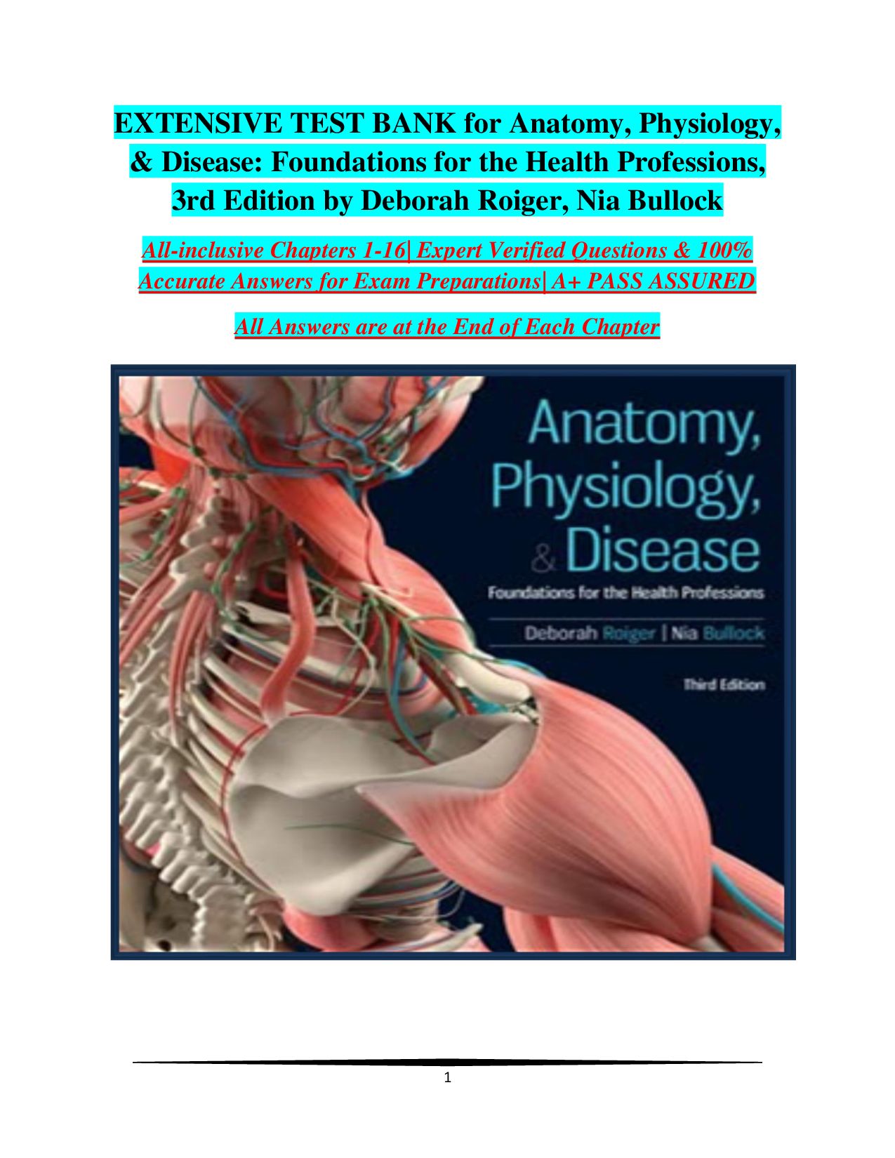 Anatomy, Physiology & Disease Foundations for the Health Professions 3rd Edition by Deborah Roiger & Nia Bullock Complete Test Bank