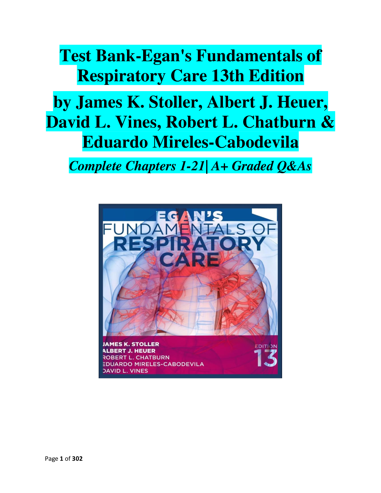 Egan's Fundamentals of Respiratory Care 13th Edition – Complete Chapters 1–21 Test Bank