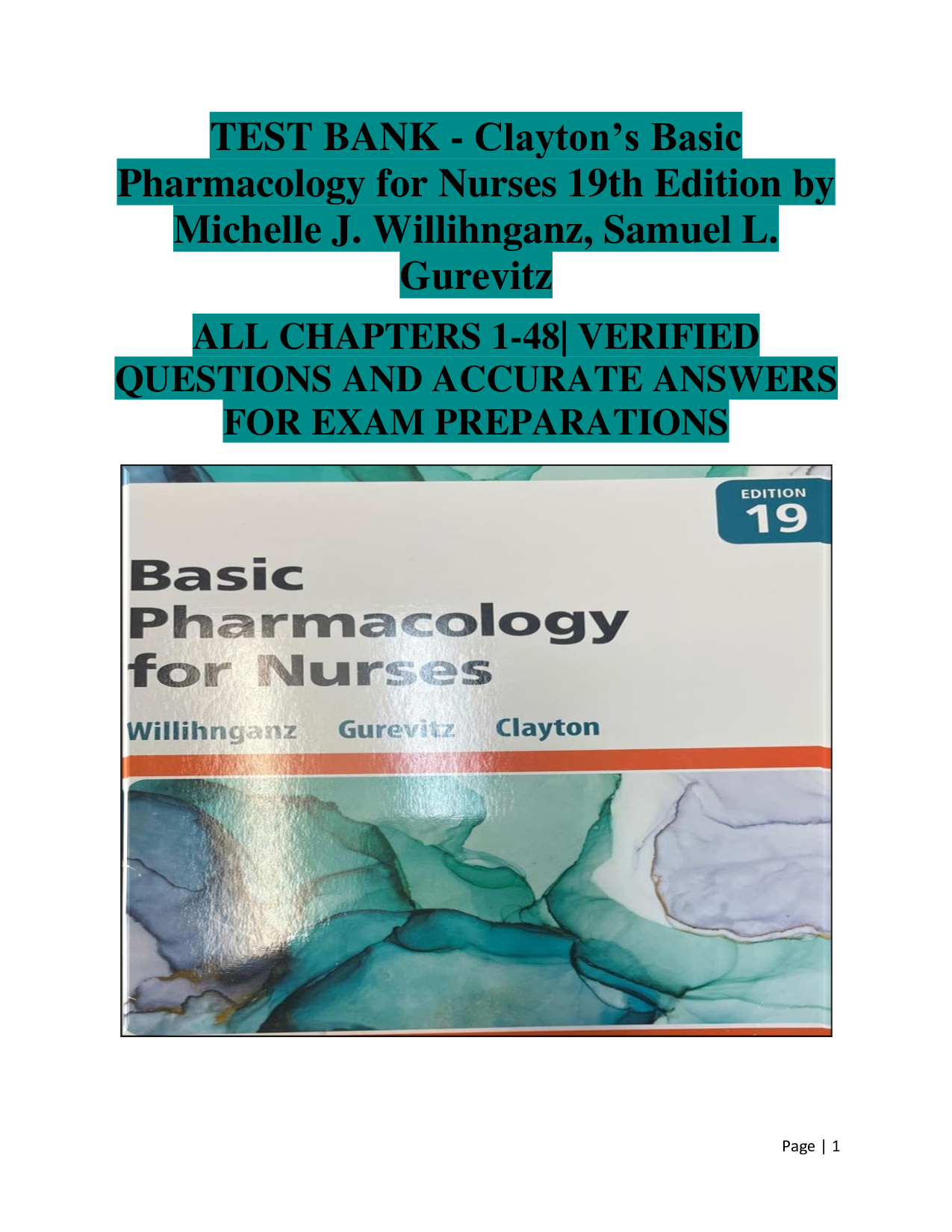 Clayton’s Basic Pharmacology for Nurses 19th Edition – Nursing Pharmacology – Complete Test Bank
