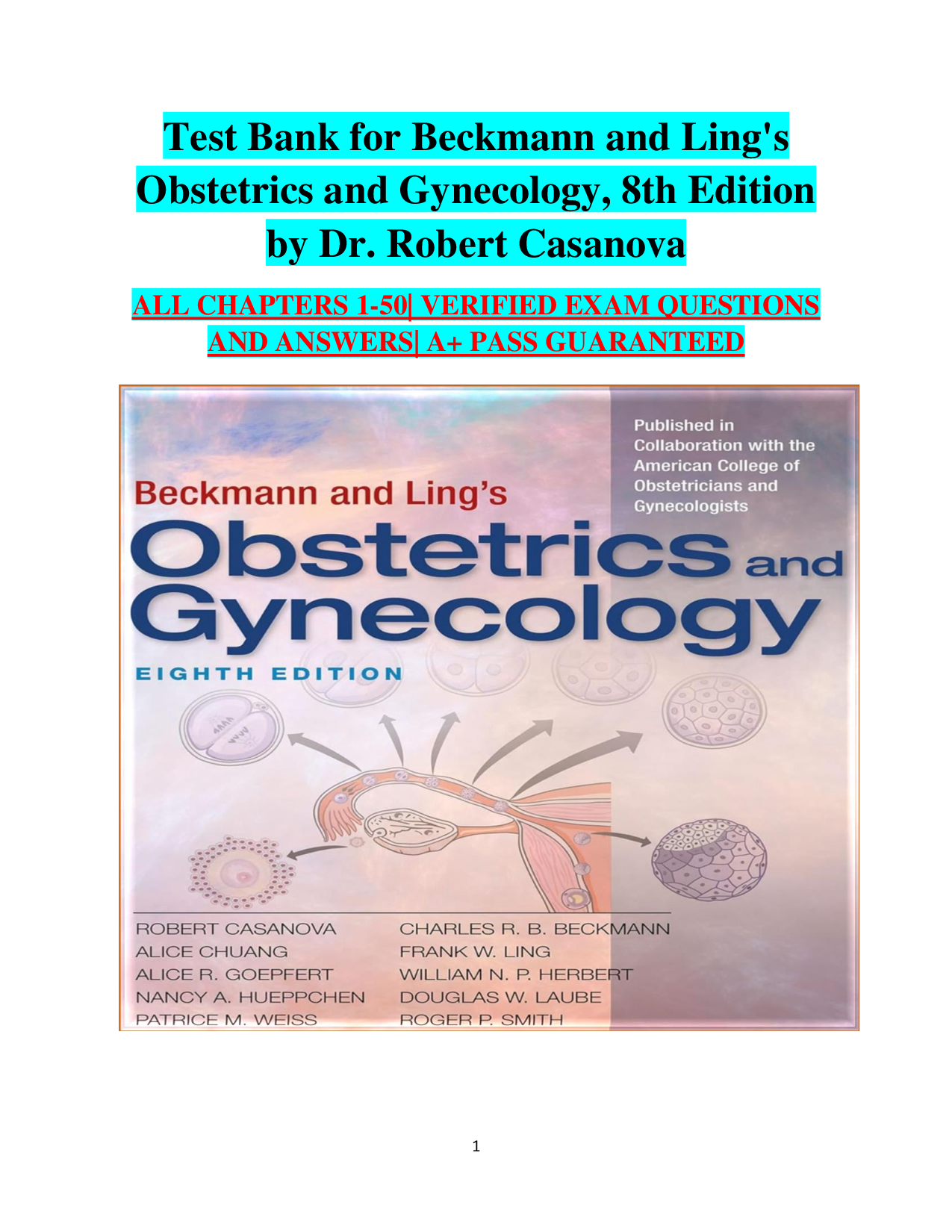 Obstetrics and Gynecology – Beckmann and Ling, 8th Edition – Complete Test Bank