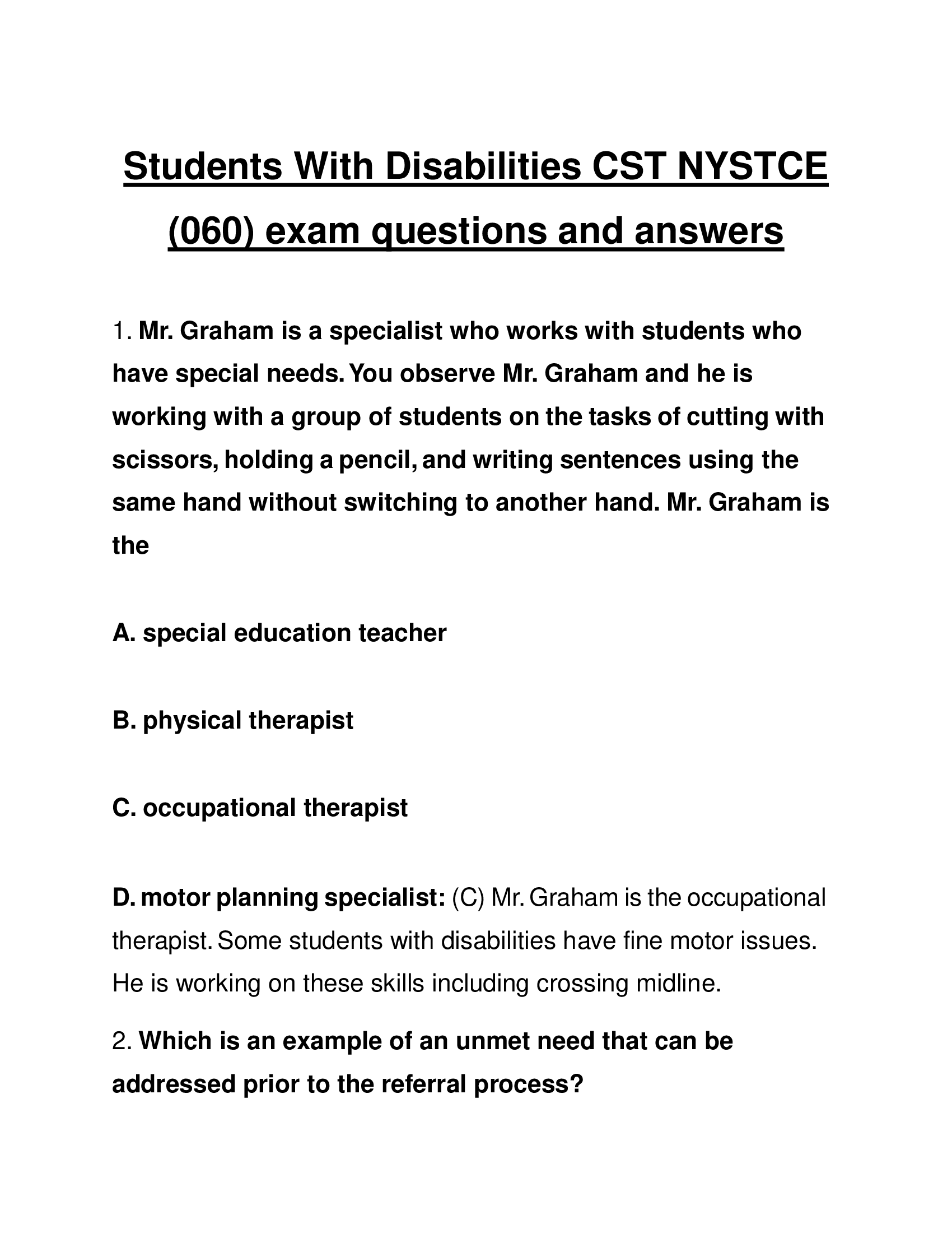 Students With Disabilities CST NYSTCE (060) exam questions with answers