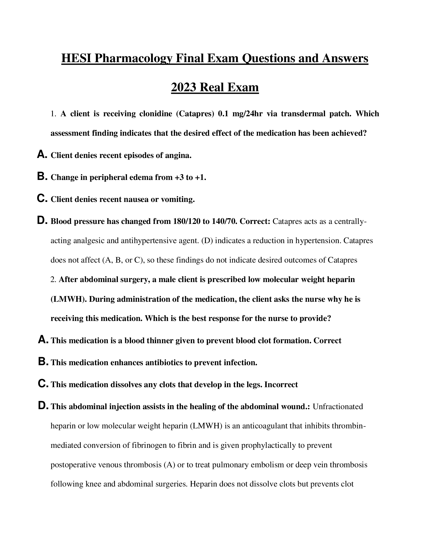 HESI Pharmacology Final Exam Questions and Answers 2023 Real Exam