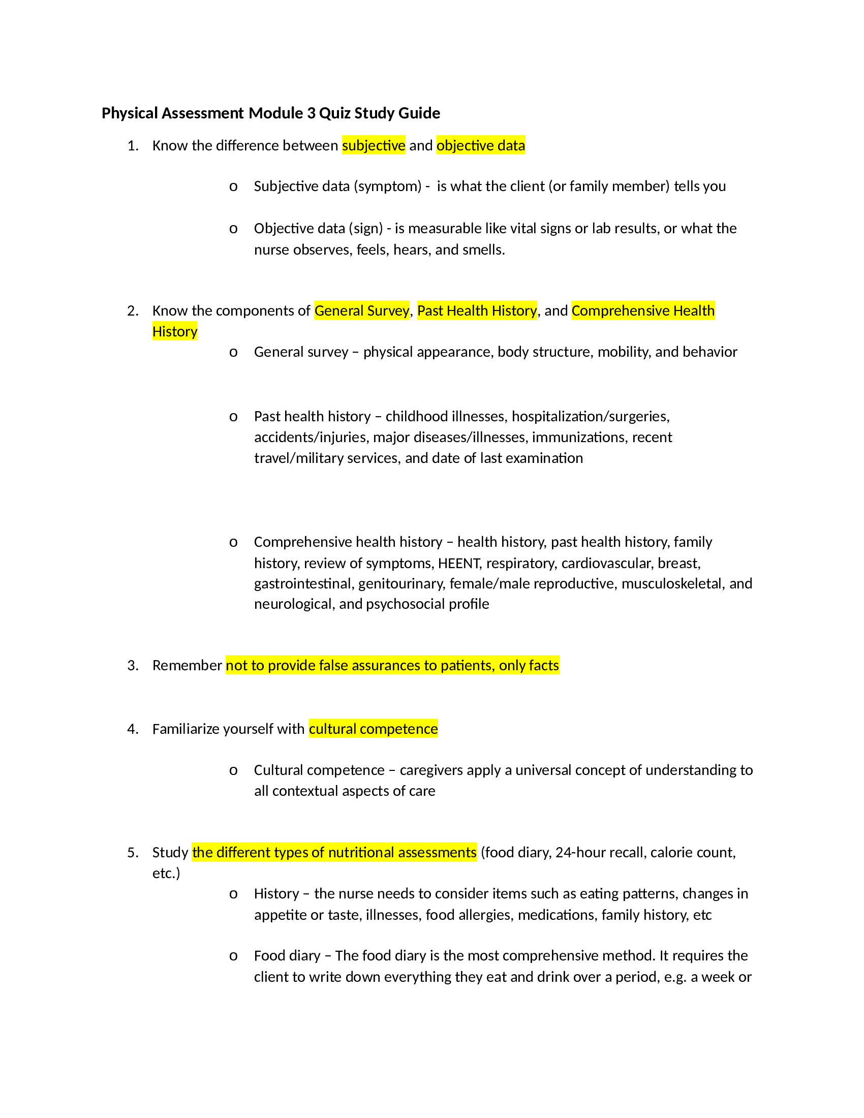 NUR 2180 Physical Assessment Module 3 Quiz Study Guide