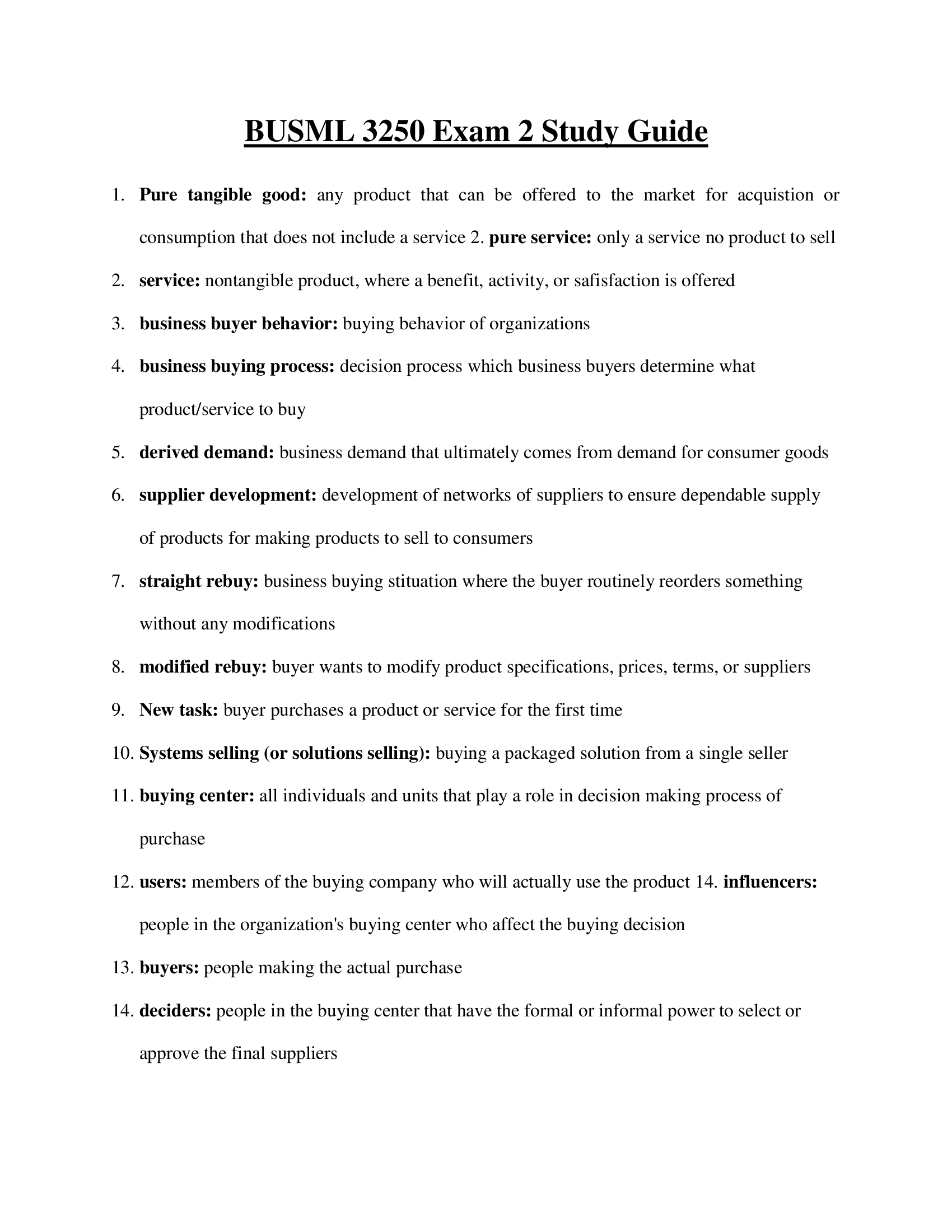 BUSML 3250 Exam 2 Study Guide 2023