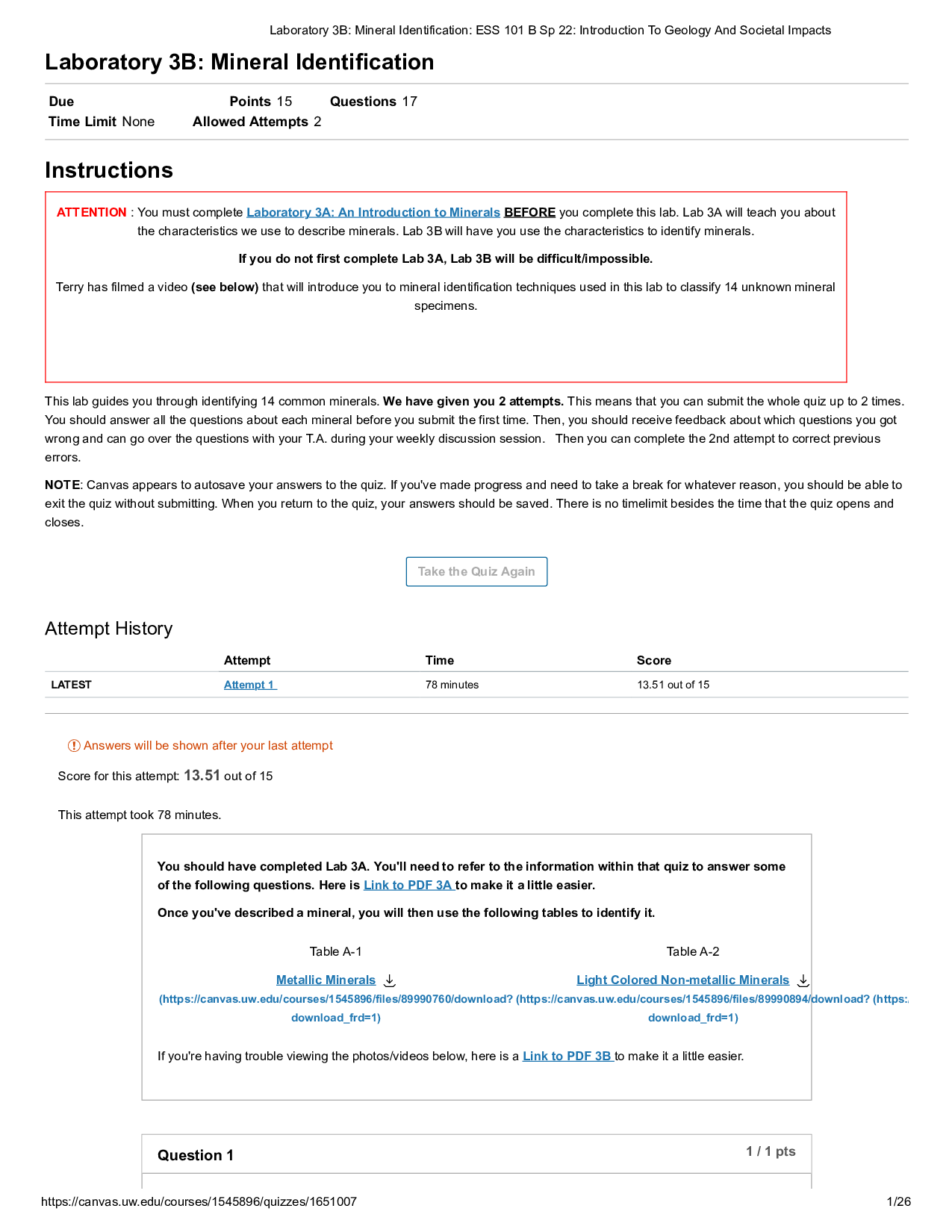 ESS 101 Laboratory 3B Quiz, Mineral Identification Questions and Answers 2026
