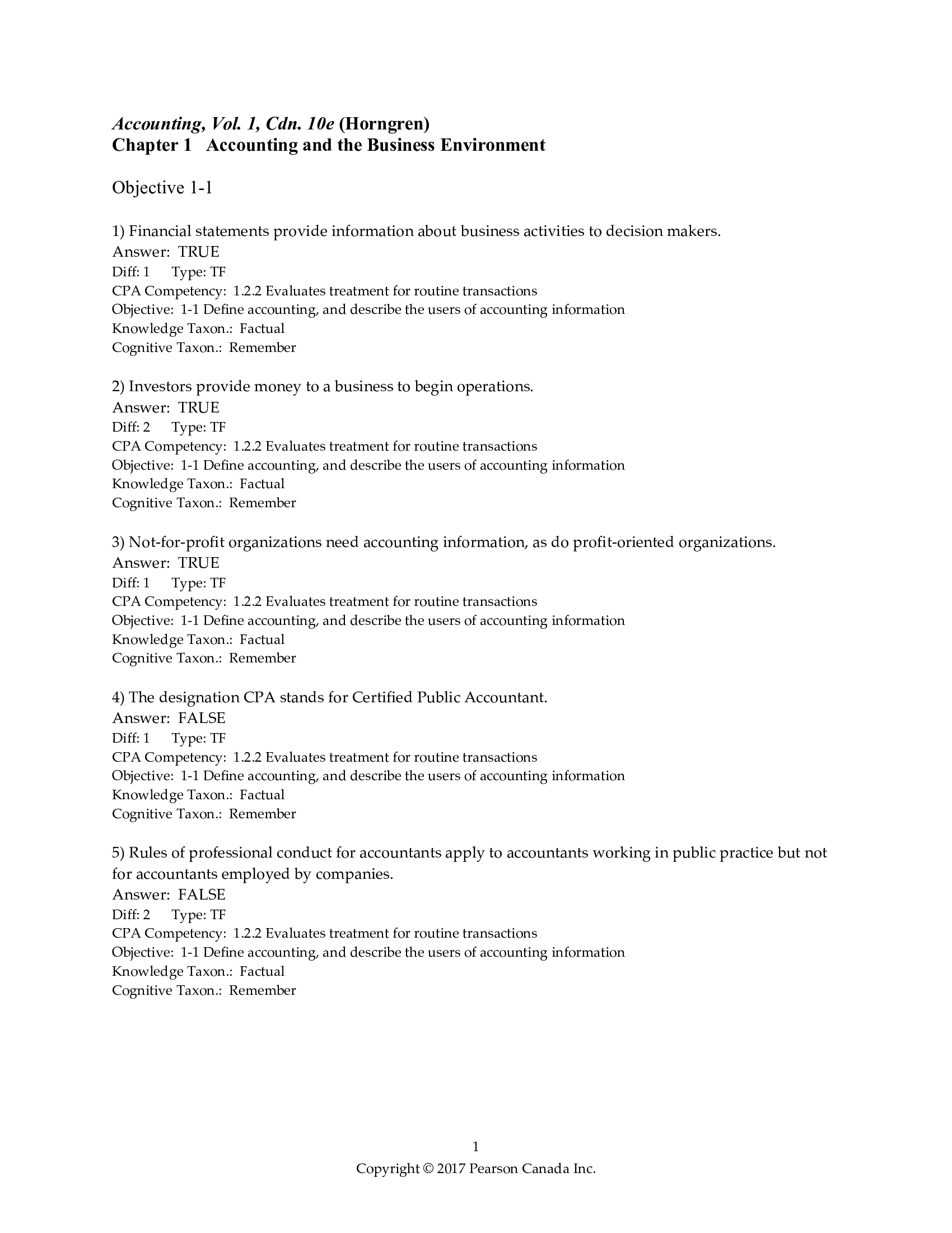 Test Bank for Horngrens Accounting VOLUME 1 11th CANADIAN Edition by Miller-Nobles