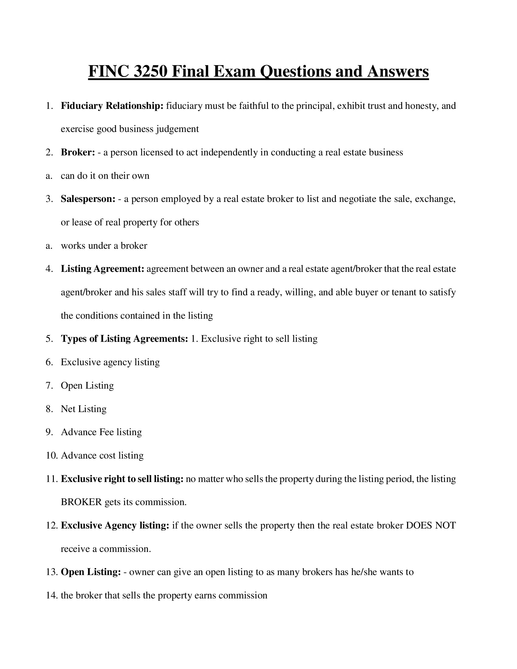 FINC 3250 Final Exam Questions and Answers 2023