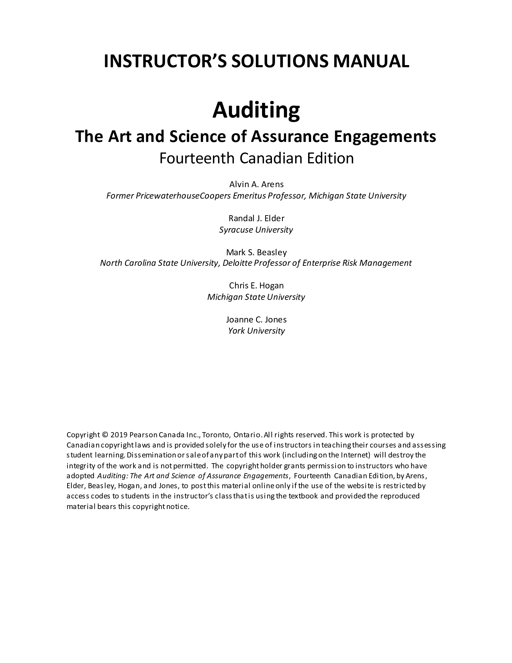 Solution Manual for Auditing The Art and Science of Assurance Engagements 14th CANADIAN Edition by Arens