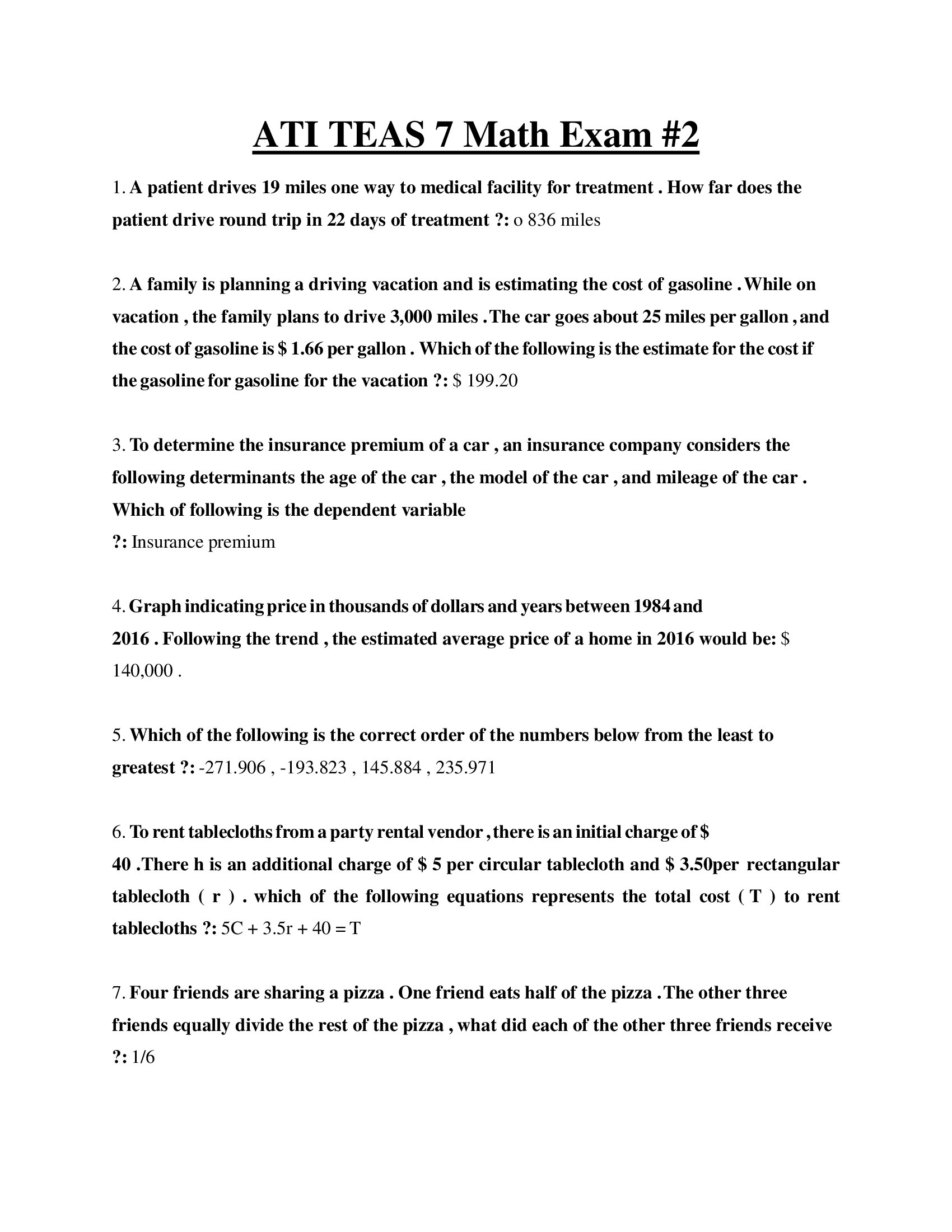 ATI TEAS 7 math exam 2 questions and answers