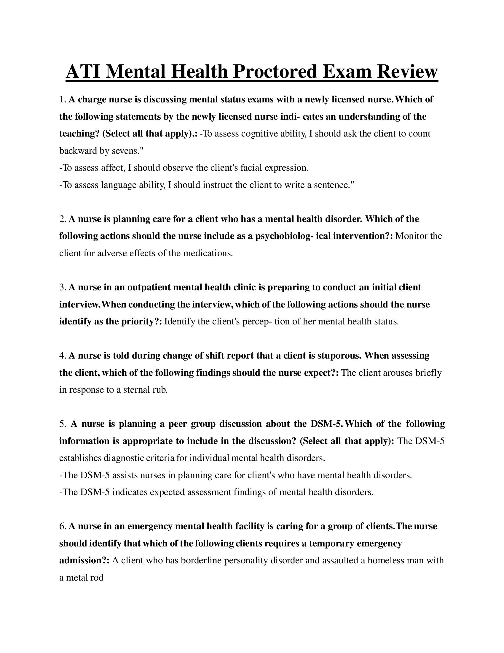 ATI Mental Health Proctored Exam (Best Review)