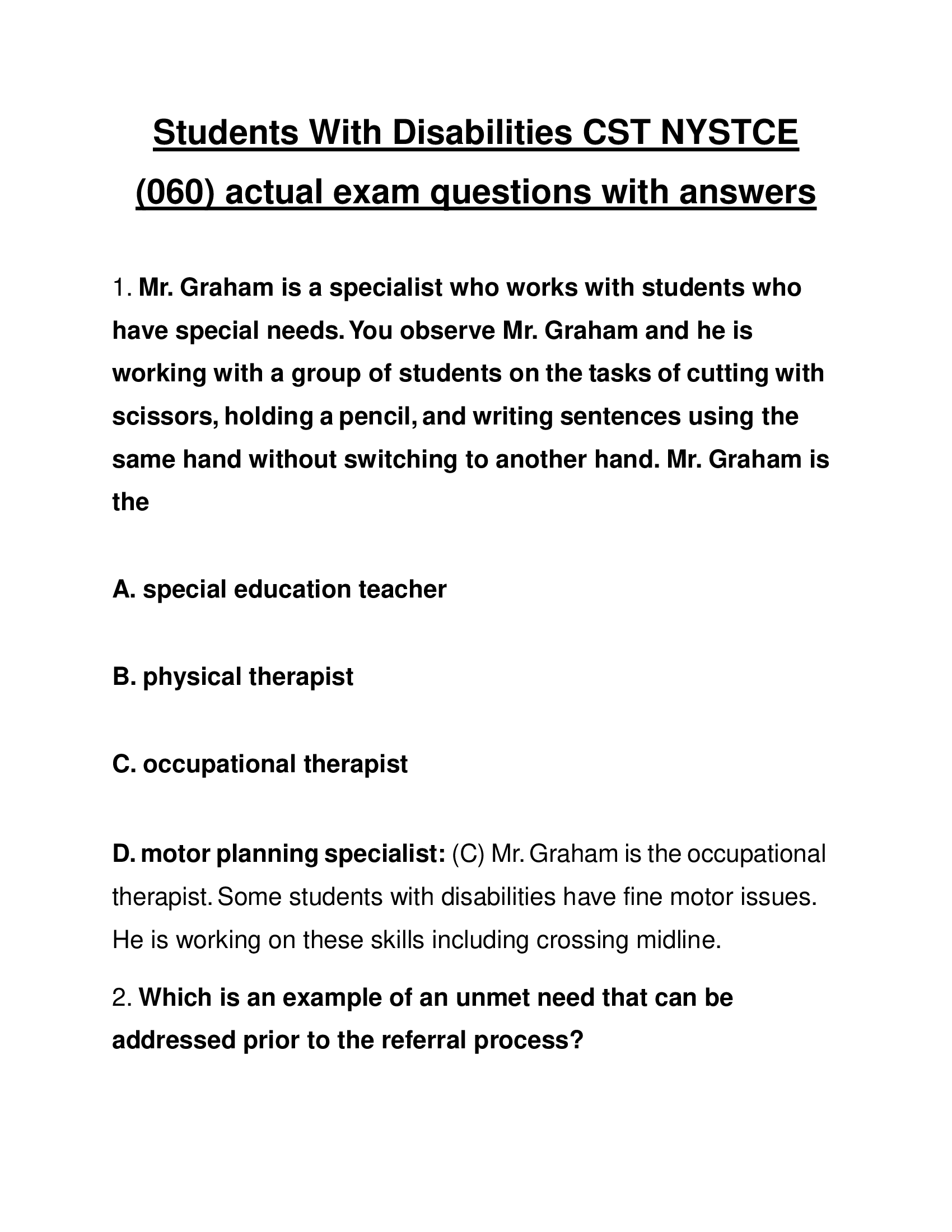 Students With Disabilities CST NYSTCE (060) actual exam questions with answers