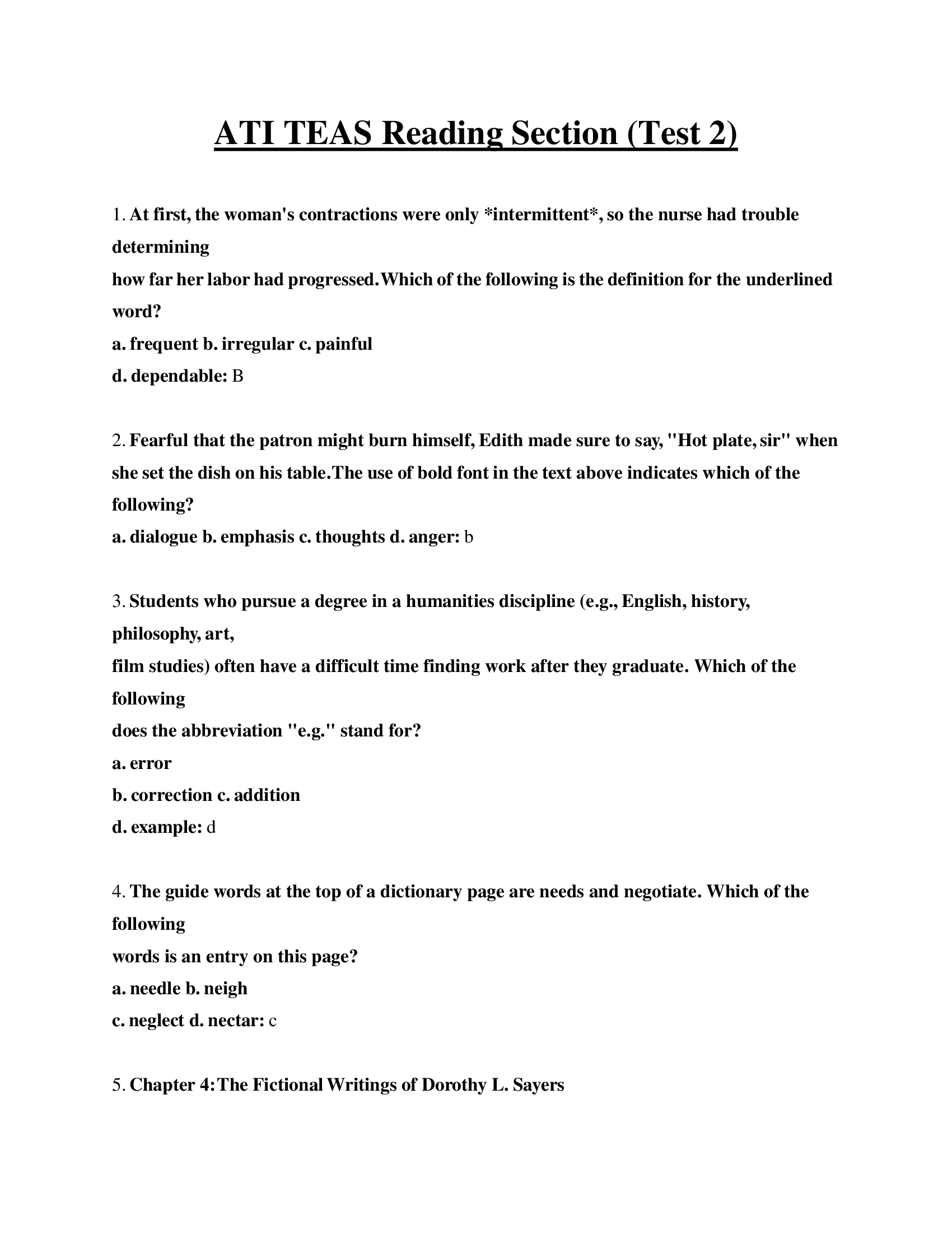 ATI TEAS Reading Section (Test 2) Questions and Answers Exam Review
