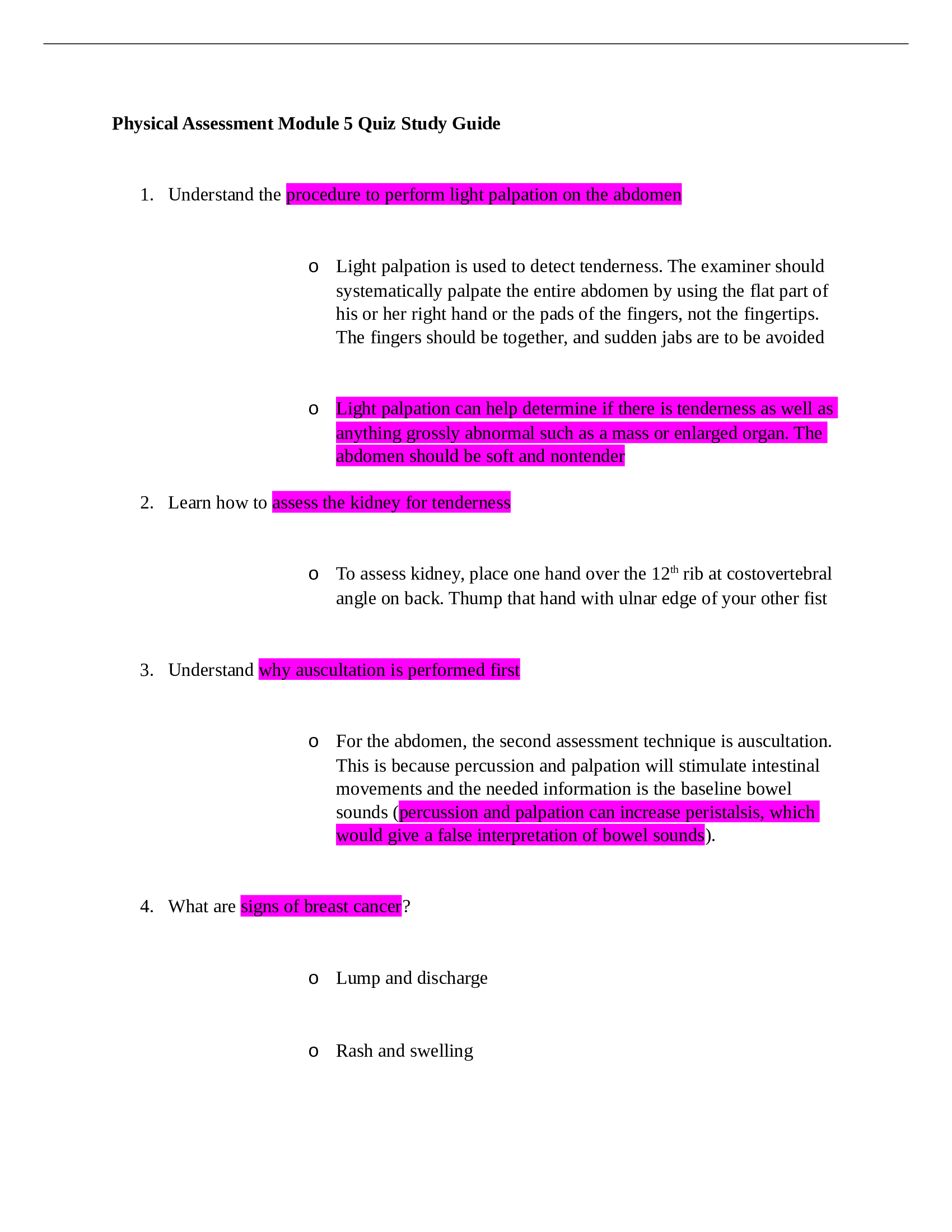 Physical Assessment Module 5 Quiz Study Guide