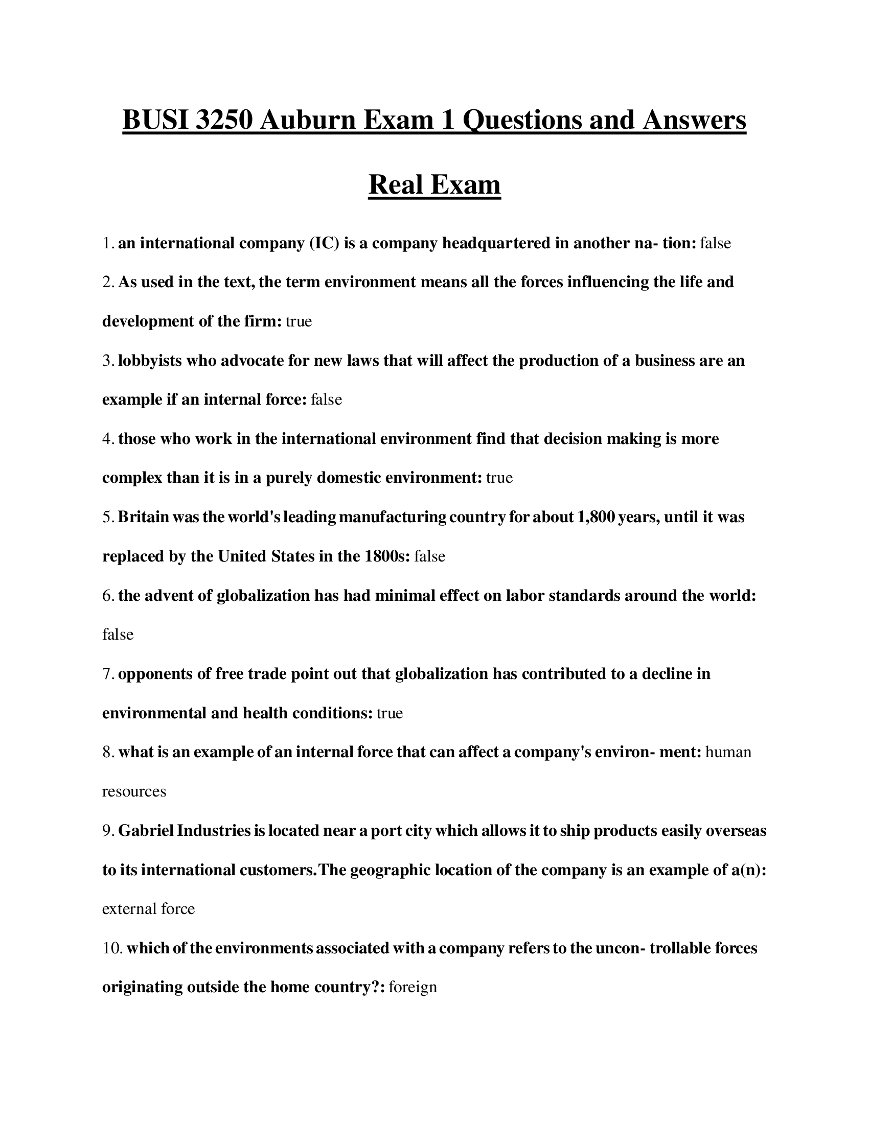 BUSI 3250 Auburn Exam 1 Questions and Answers Real Exam 2023