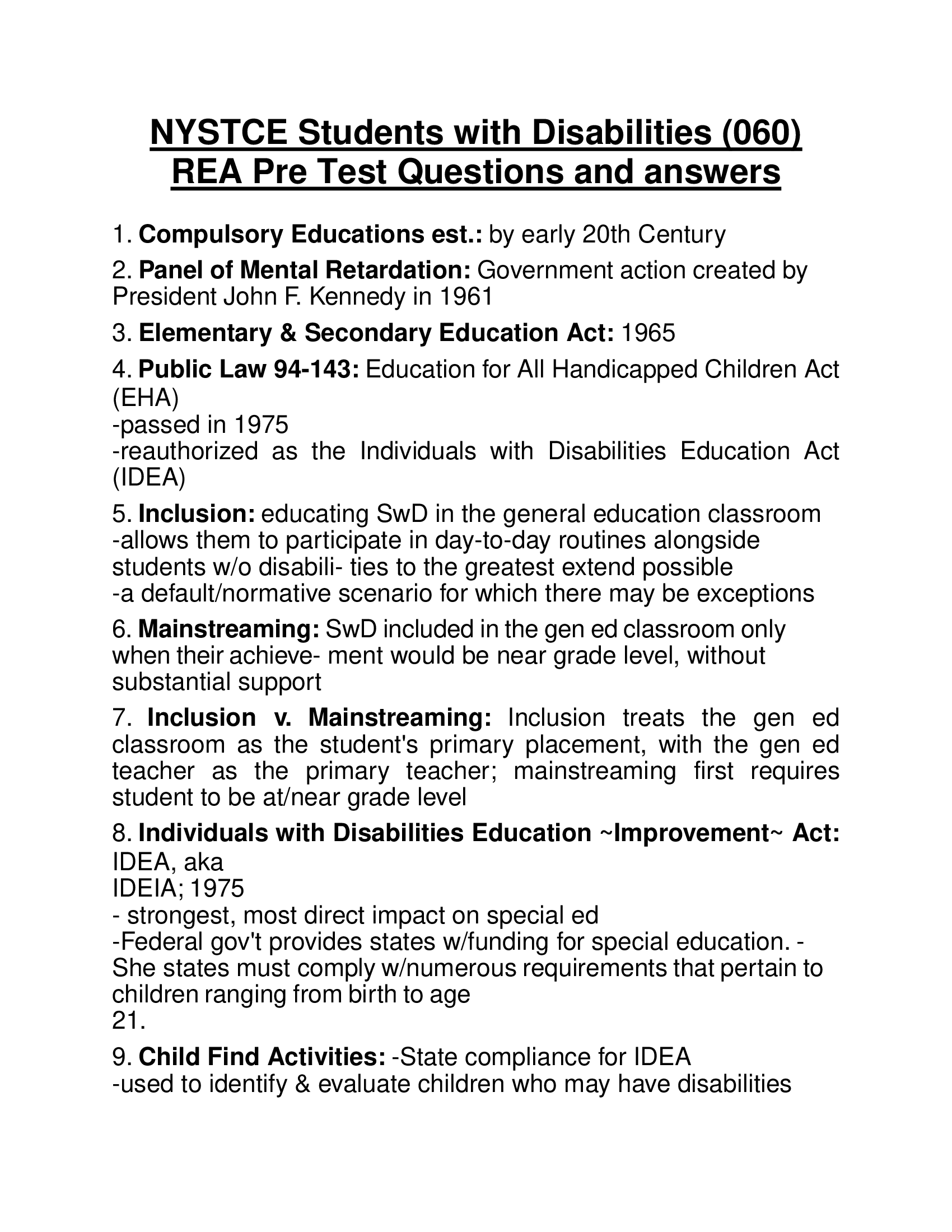 NYSTCE Students with Disabilities (060) REA Pre Test Questions and answers