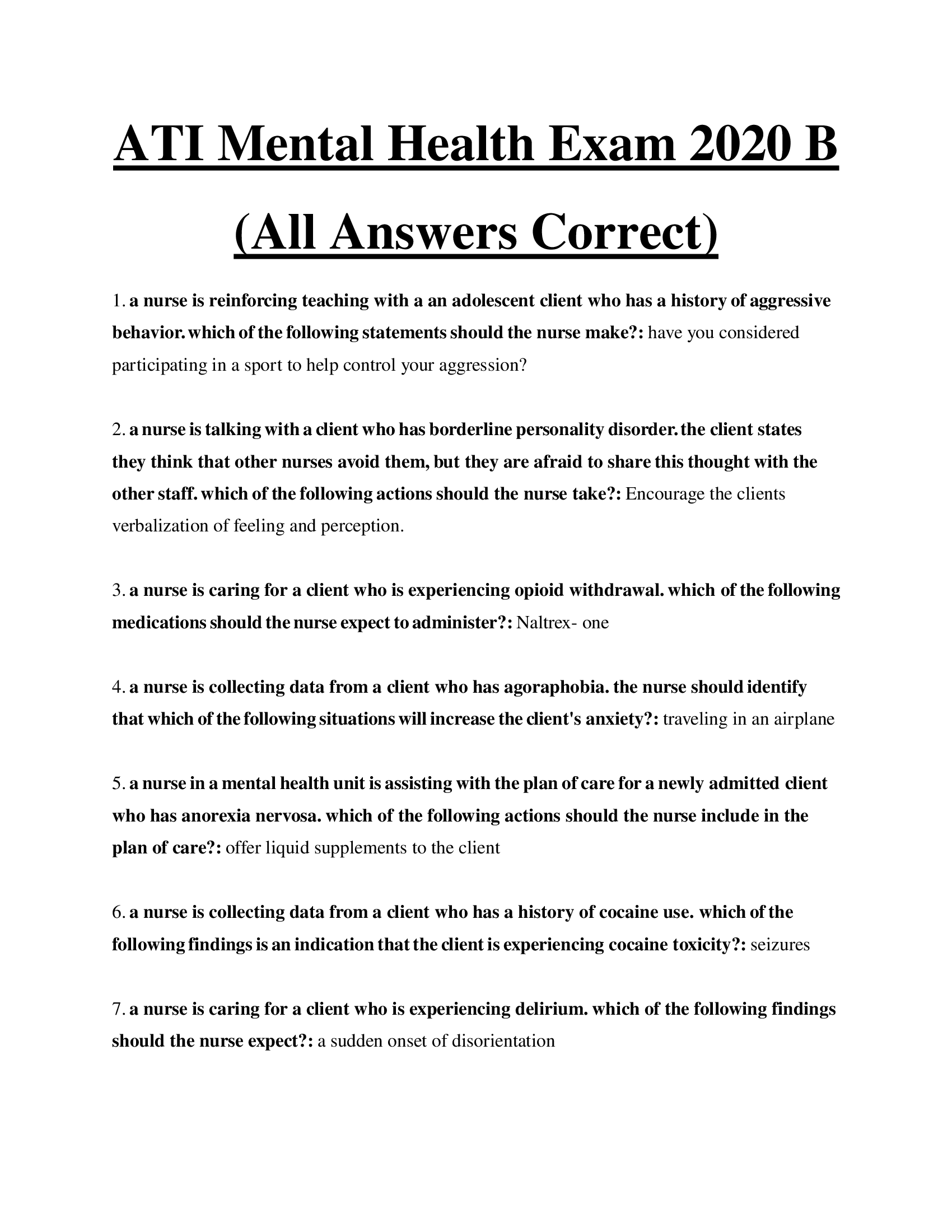 ATI Mental Health Exam 2020 B (All Answers Correct)