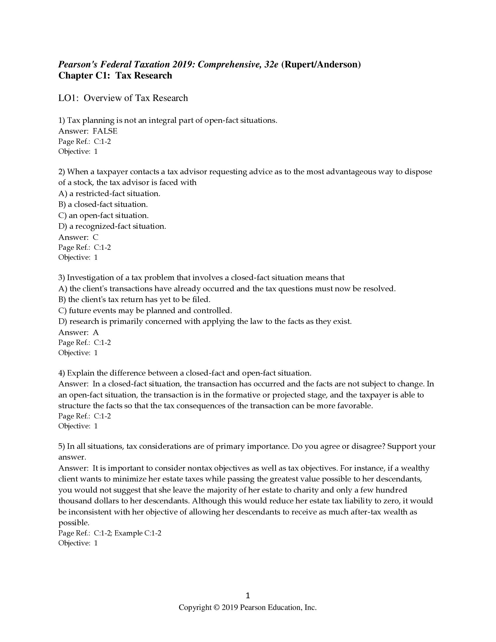 Test Bank for Pearsons Federal Taxation 2019 Individuals 32nd Edition by Rupert