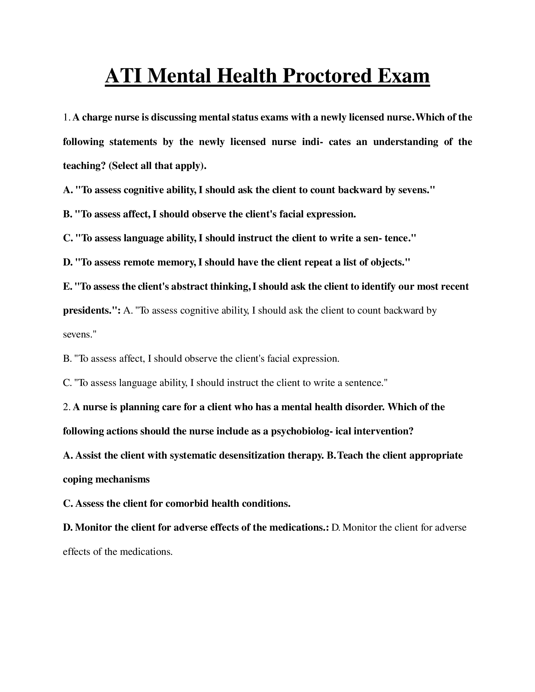 ATI Mental Health Proctored Exam (Answered)