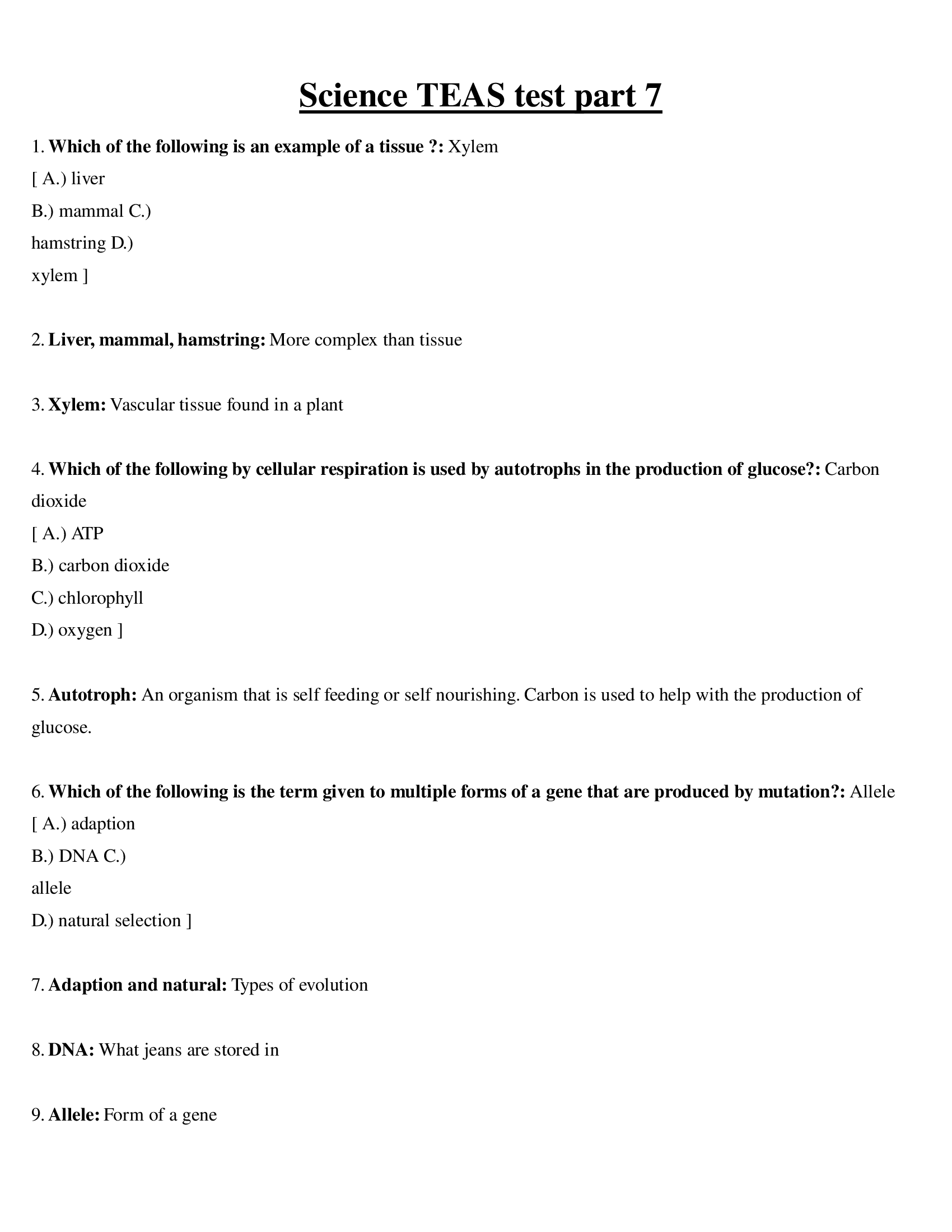 Science TEAS test part 7 questions and answers