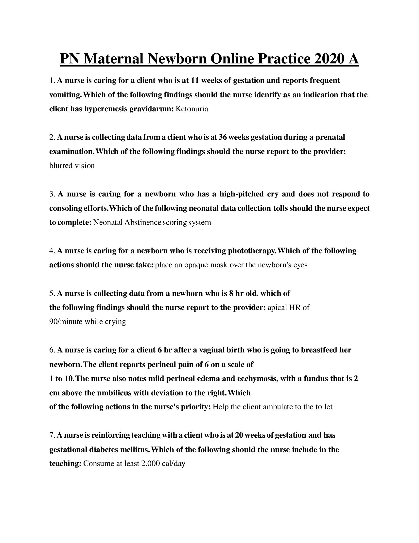 PN Maternal Newborn Online Practice 2020 A