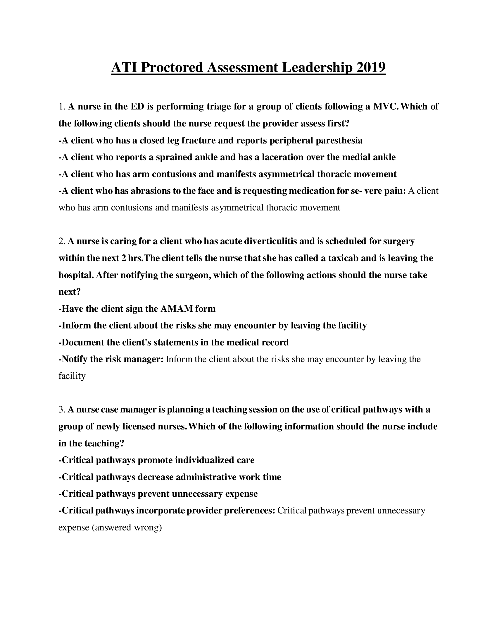 ATI Proctored Assessment Leadership 2019 updated