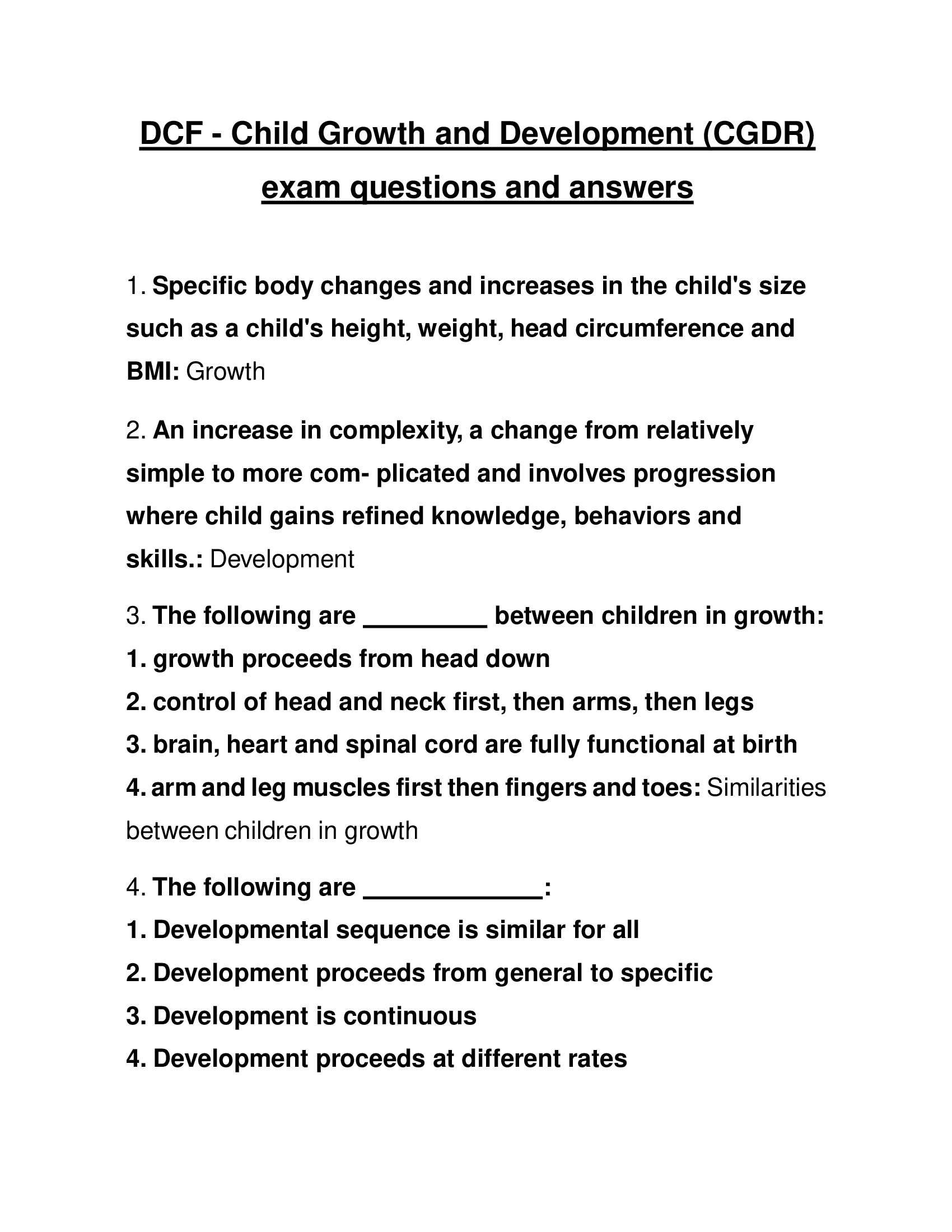 DCF - Child Growth and Development (CGDR) exam questions and answers