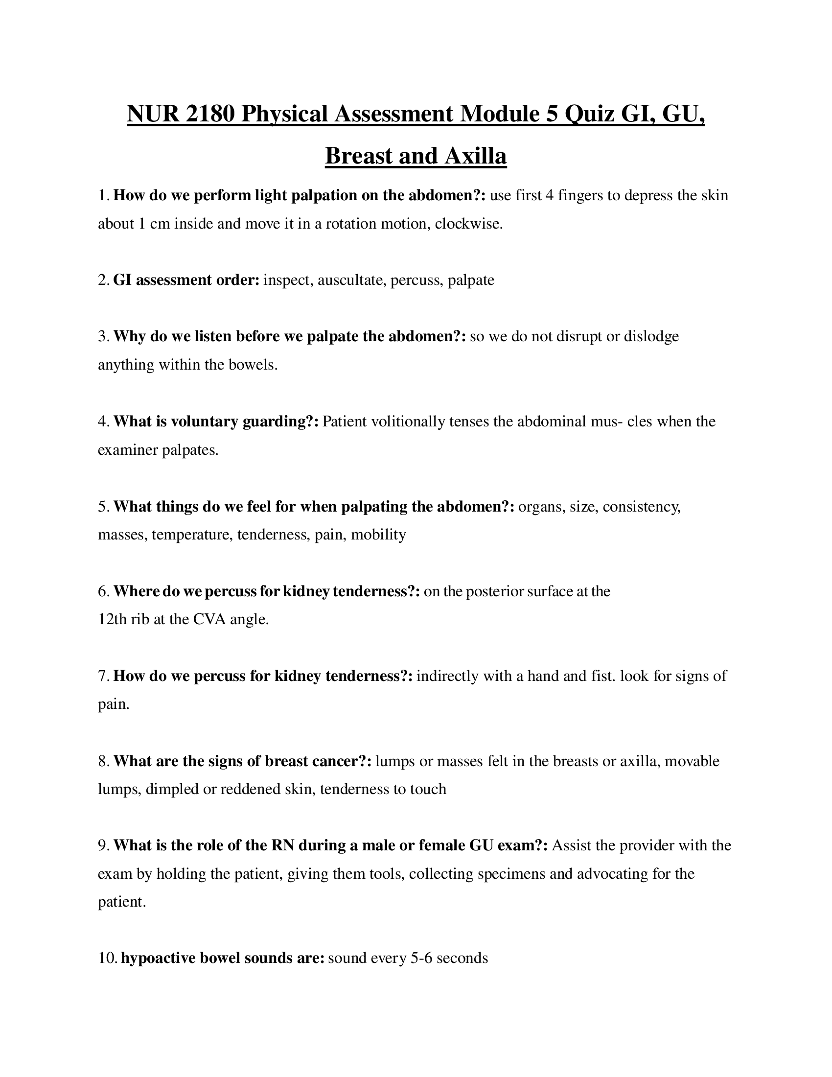 NUR 2180 Physical Assessment Module 5 Quiz GI,GU,Breast and Axilla