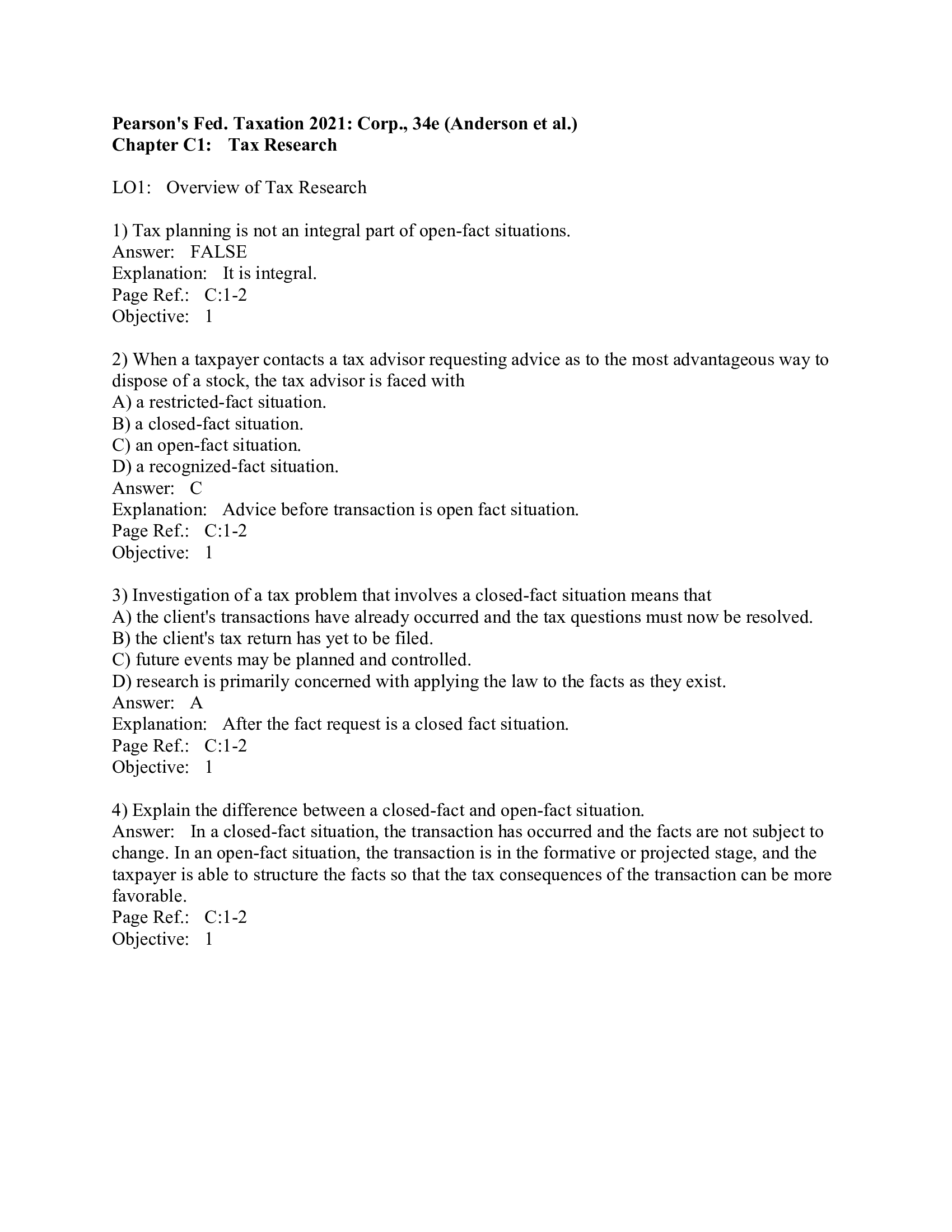 Test Bank Pearson’s Federal Taxation 2021 Corporations, Partnerships, Estates & Trusts, 34th Edition by Rupert, Anderson, Hulse