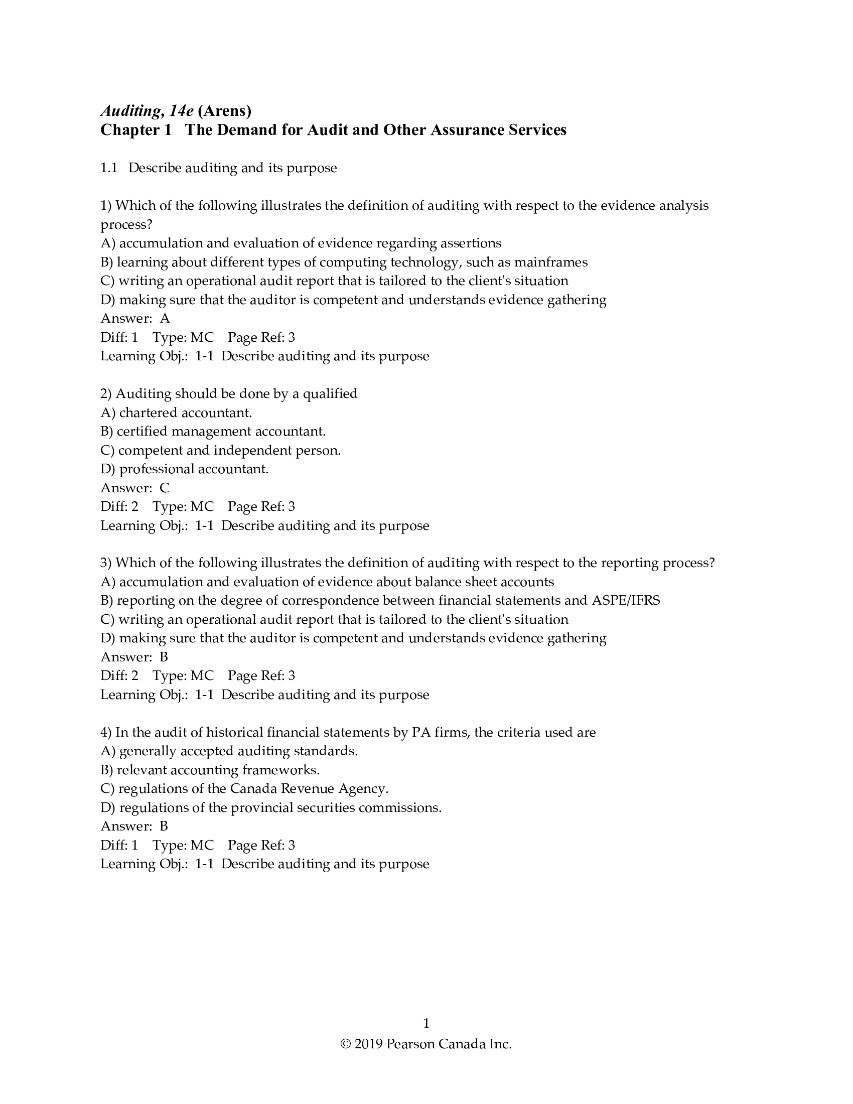 Test Bank for Auditing The Art and Science of Assurance Engagements 14th CANADIAN Edition by Arens