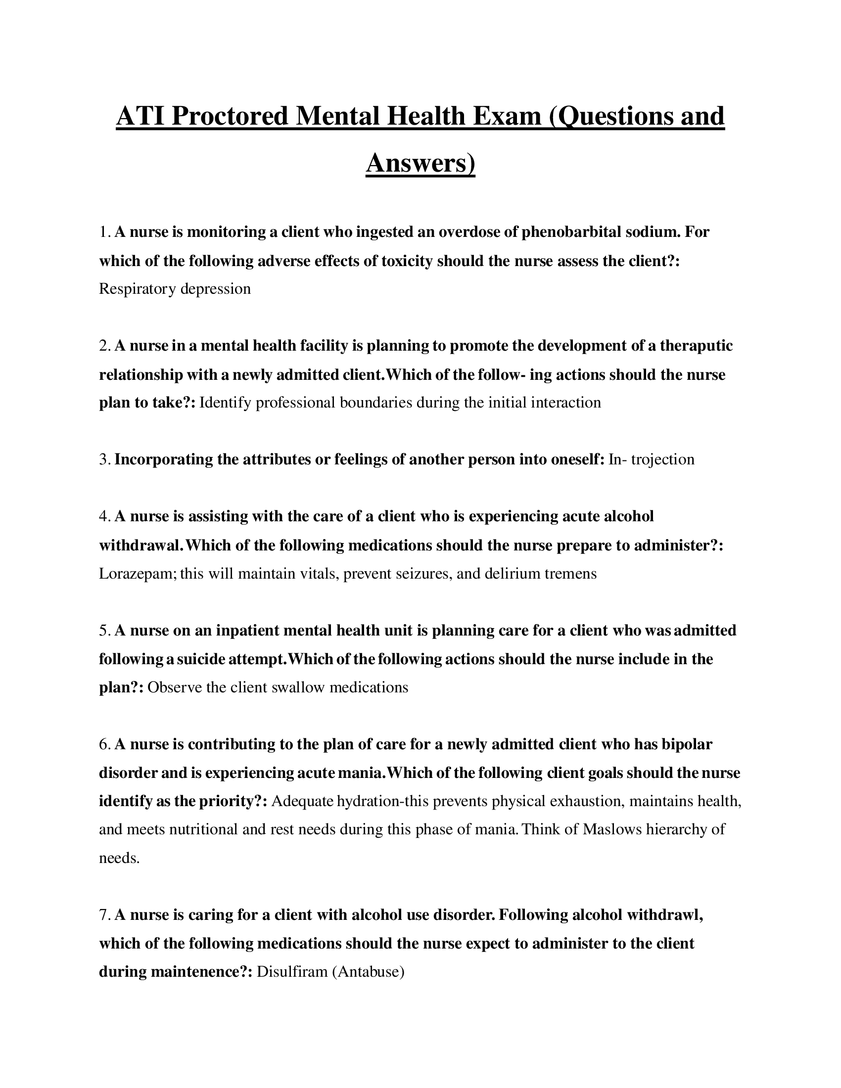 ATI Proctored Mental Health Exam (Questions and Answers)