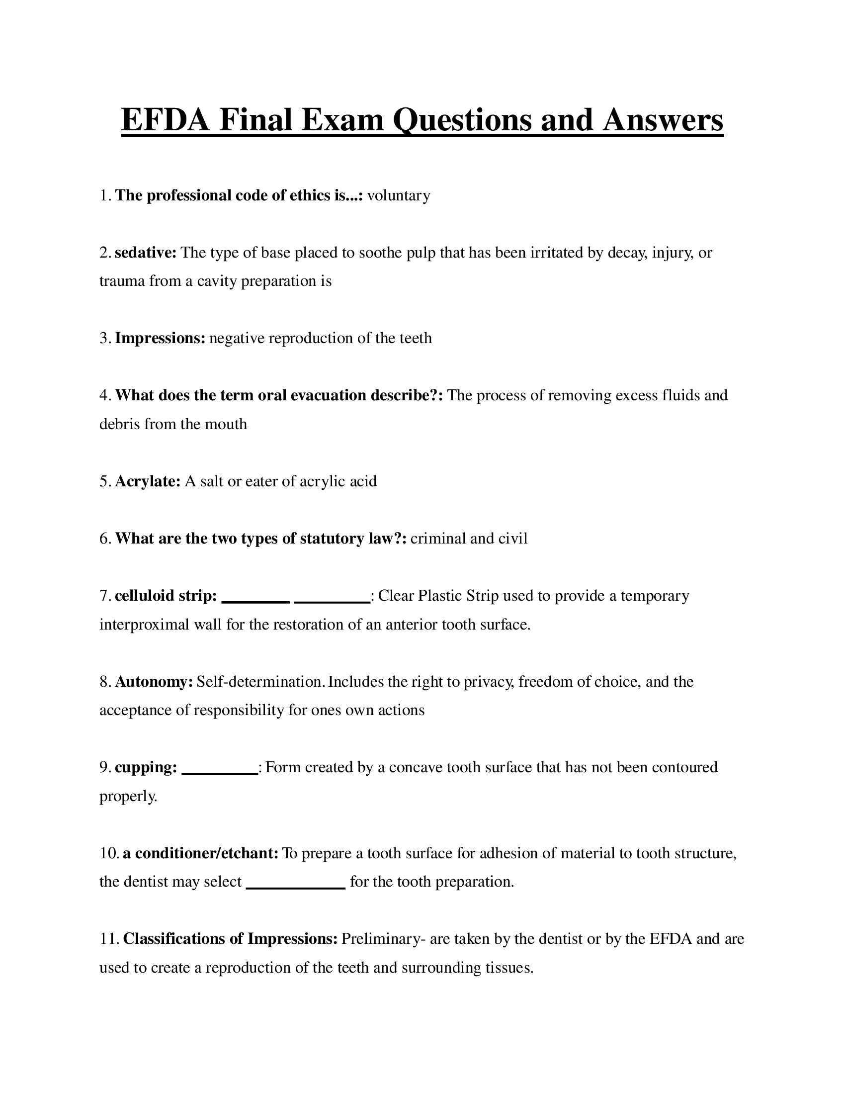 EFDA Final Exam Questions and Answers 2023