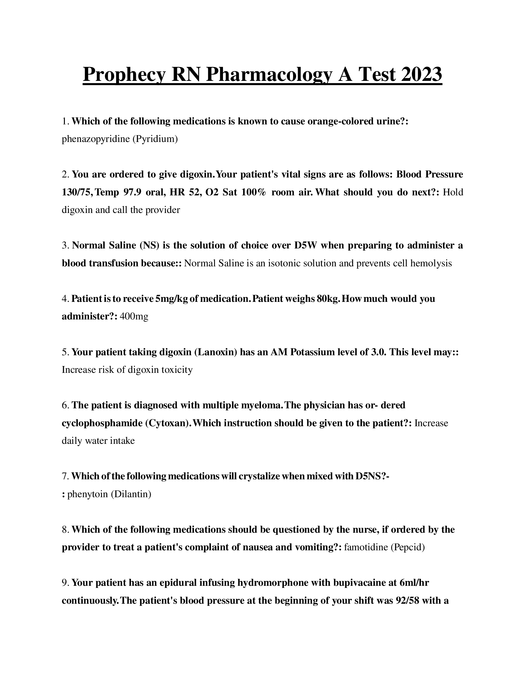 Prophecy RN Pharmacology A Test 2023