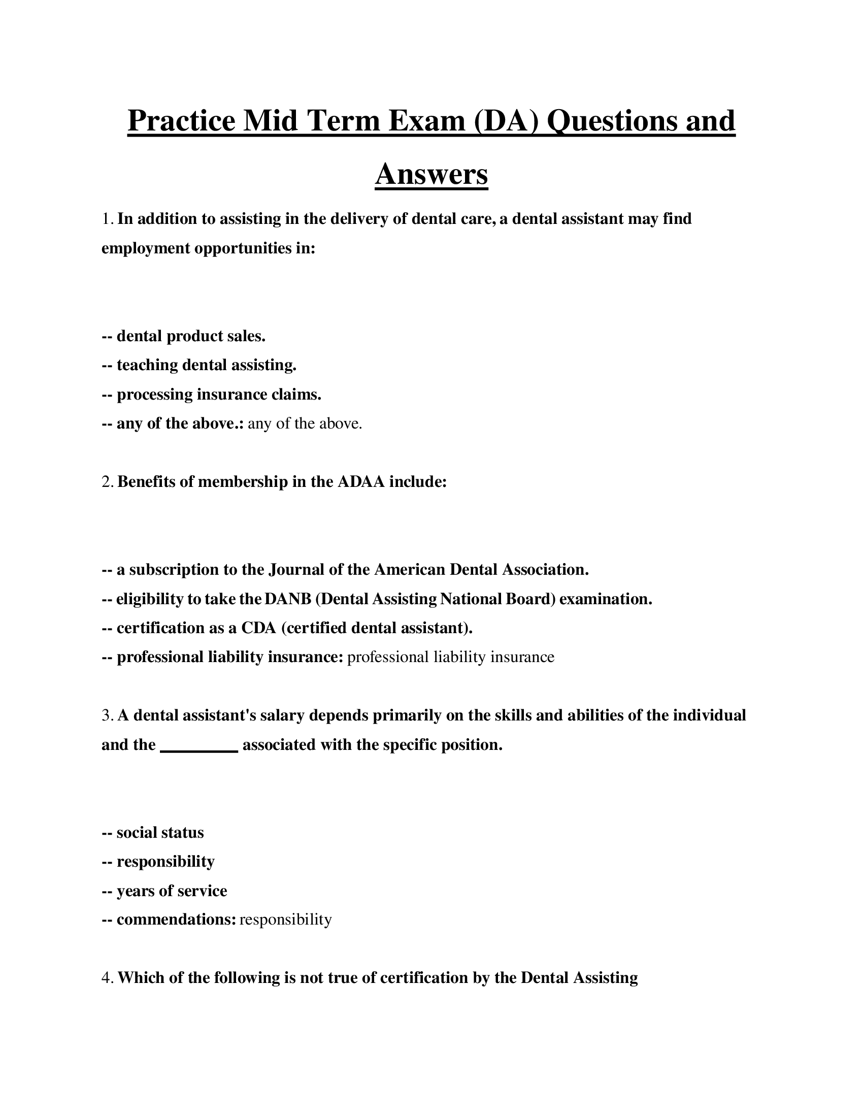 Practice Mid Term Exam (DA)  questions and answers