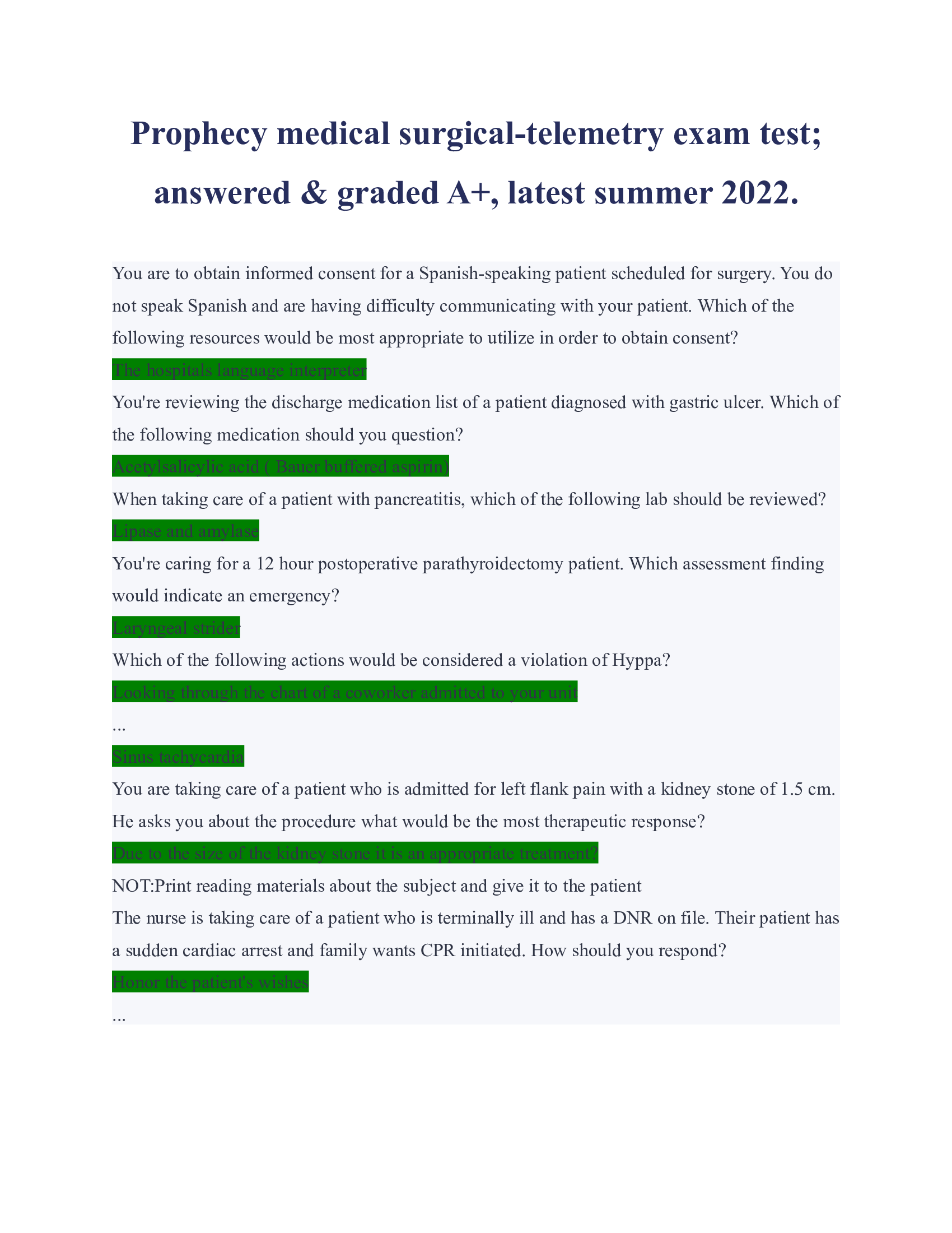 Prophecy medical surgical telemetry test exam for 2023