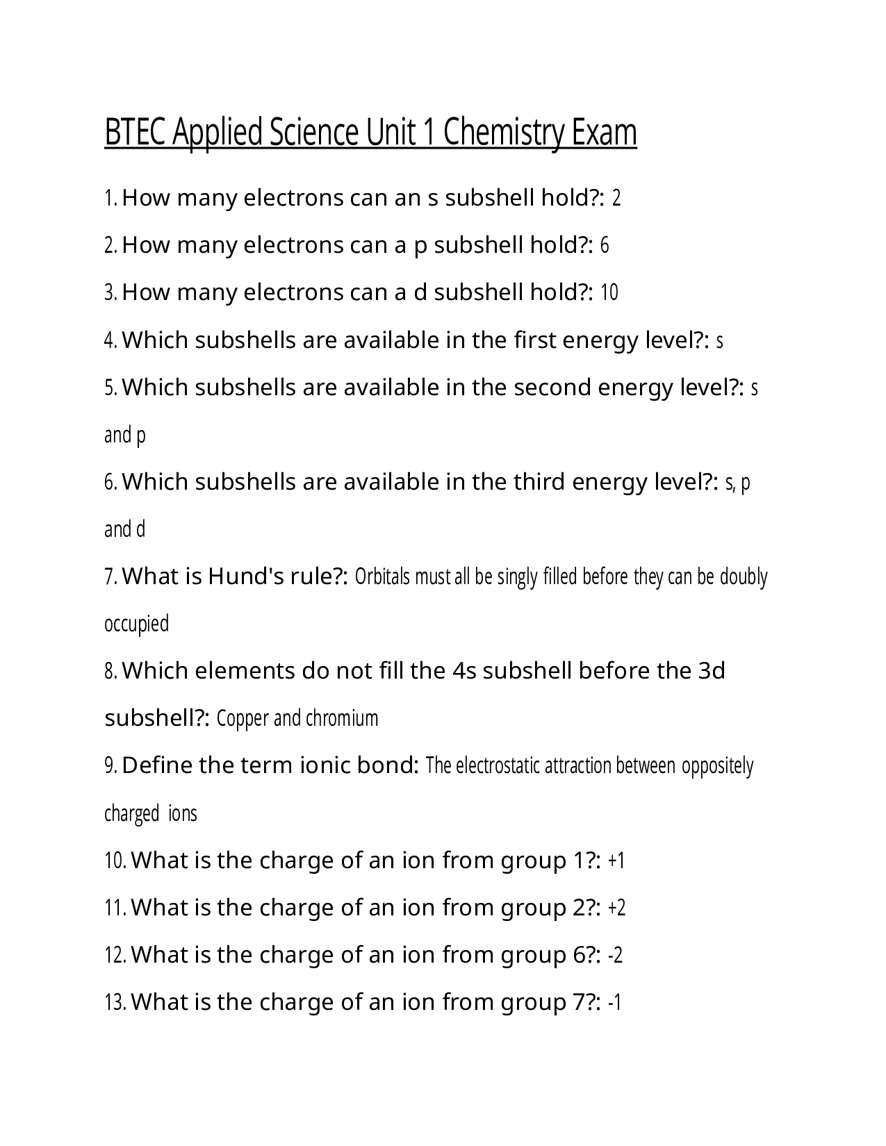 BTEC Applied Science Unit 1 Chemistry Exam 2026 With Correct Answers