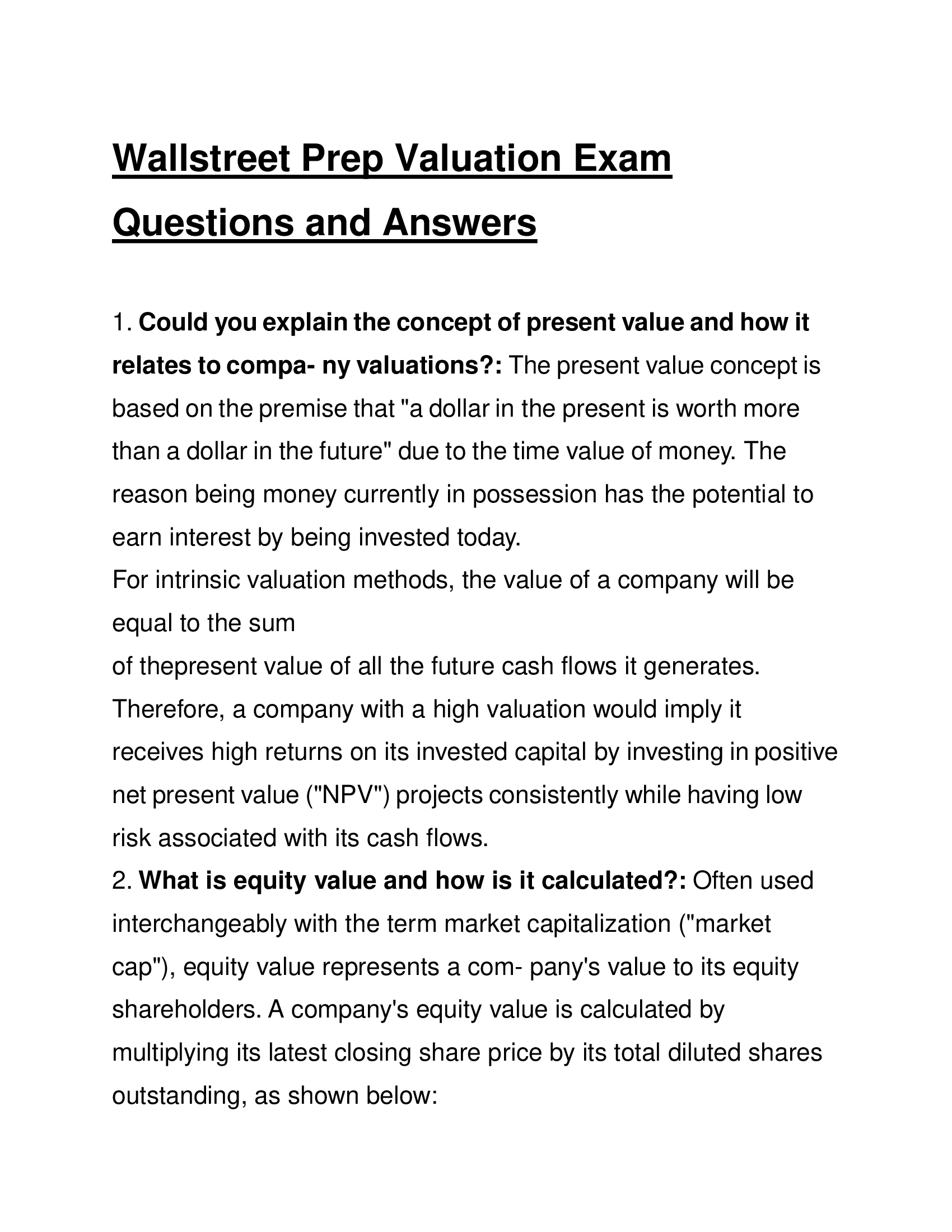 Wallstreet Prep Valuation Exam Questions and Answers