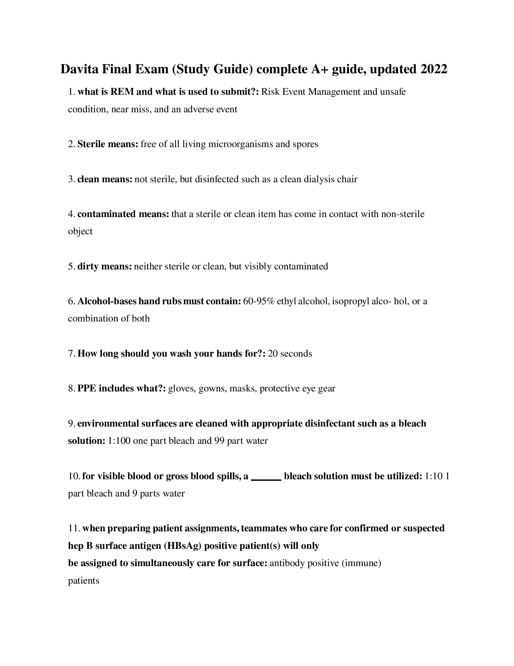 Davita Final Exam (Study Guide) complete A+ guide, updated 2022